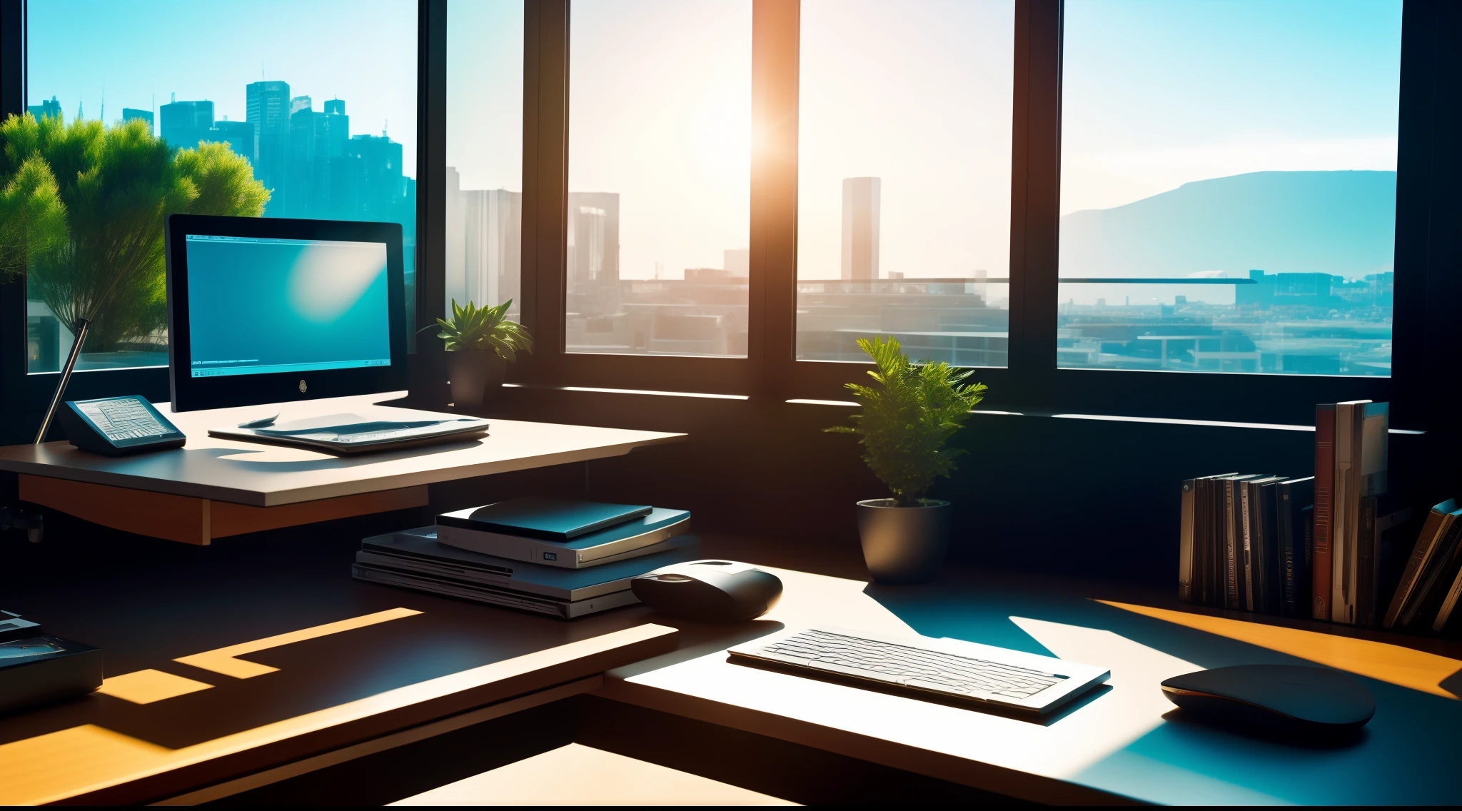 90-degree viewing angle,Luxurious work desk,nerds,Computer,Gentle lighting,Outside the window,Listen to music,Kizi,Back Shadow,Leica lens,photorealestic