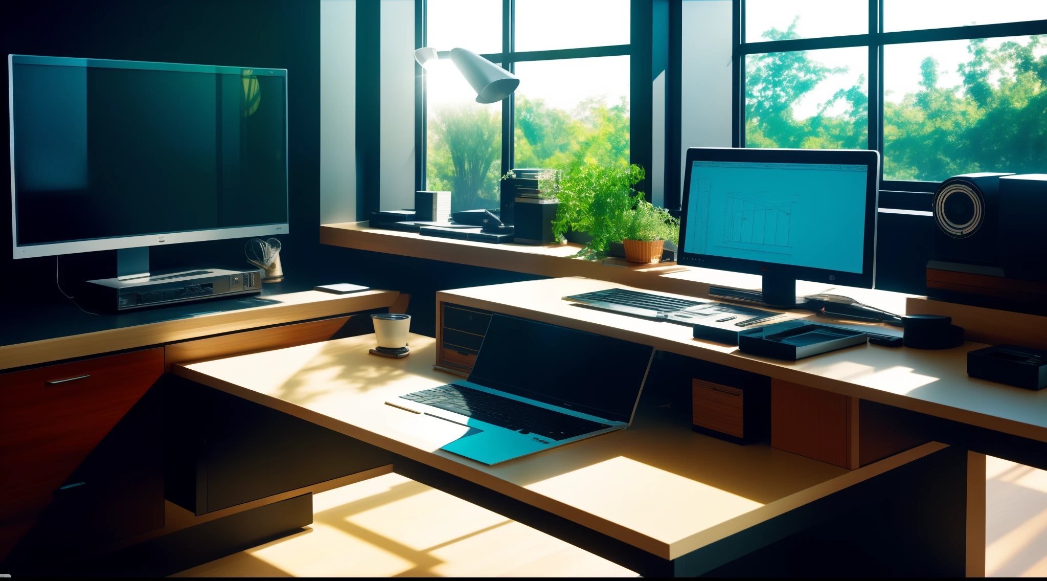 90-degree viewing angle,Luxurious work desk,nerds,Computer,Gentle lighting,Outside the window,Listen to music,Kizi,Back Shadow,Leica lens,photorealestic