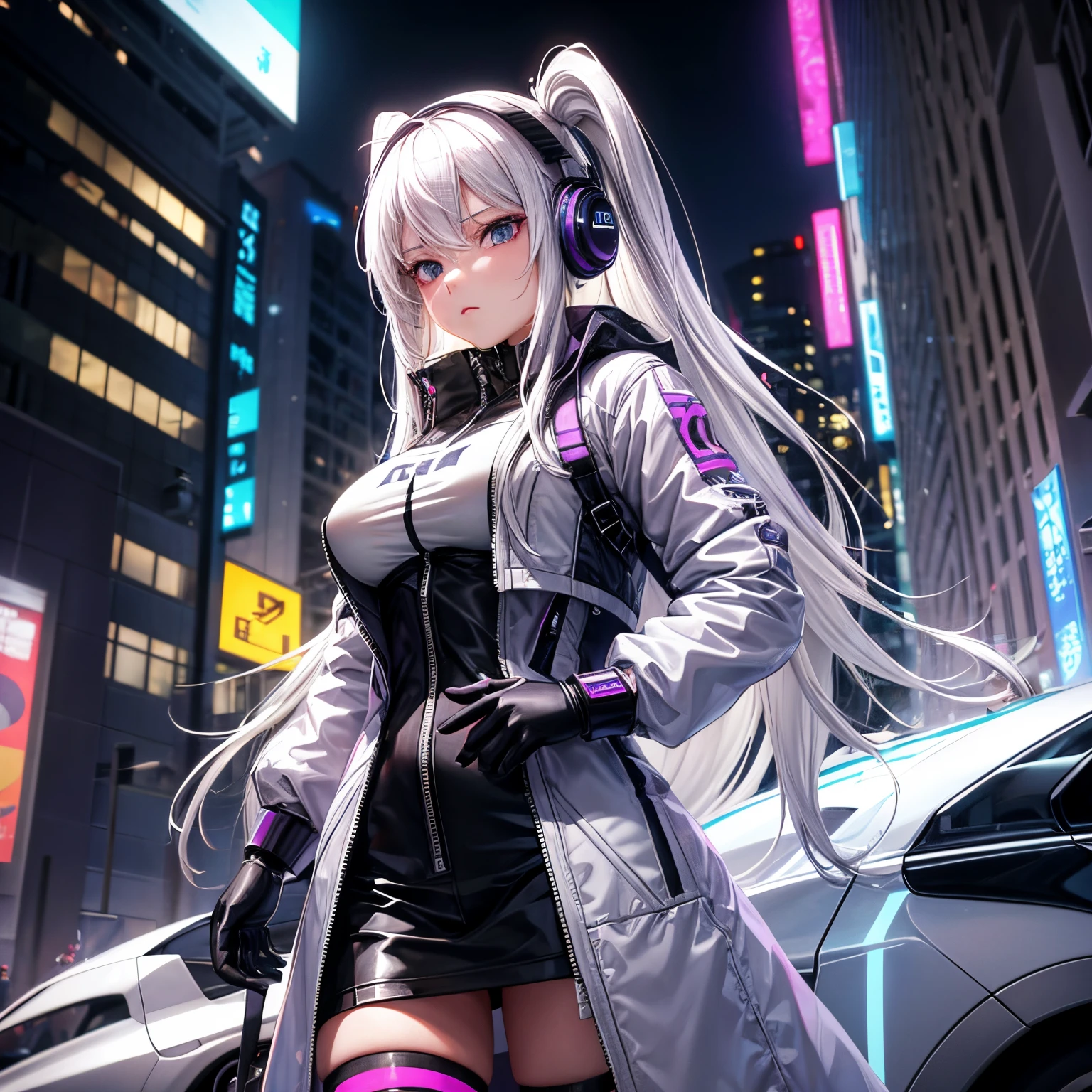 1 busty girl, White hair, Long gray hair, A masterpiece of technological clothing, Best quality, actual, Endless realism, Dark purple coat, sporty attire, 詳細な目, with headphones on, White blonde hair, 21-year-old girl, Stylish pose, Half a body, wide - angle shot, On the street, cyber punk personage