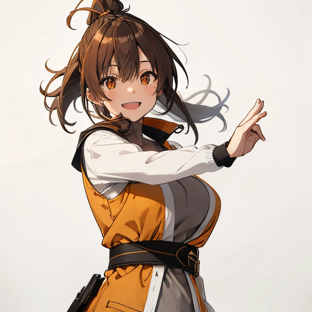 【Highest Quality, masutepiece】 [girl, Manteau, expressioness,deep orange eyes, front facing,dark brown hair,long ponytail hair,yellow knit cloth, Upper body] (Gray white background:1.2),very happy smile,boobs,