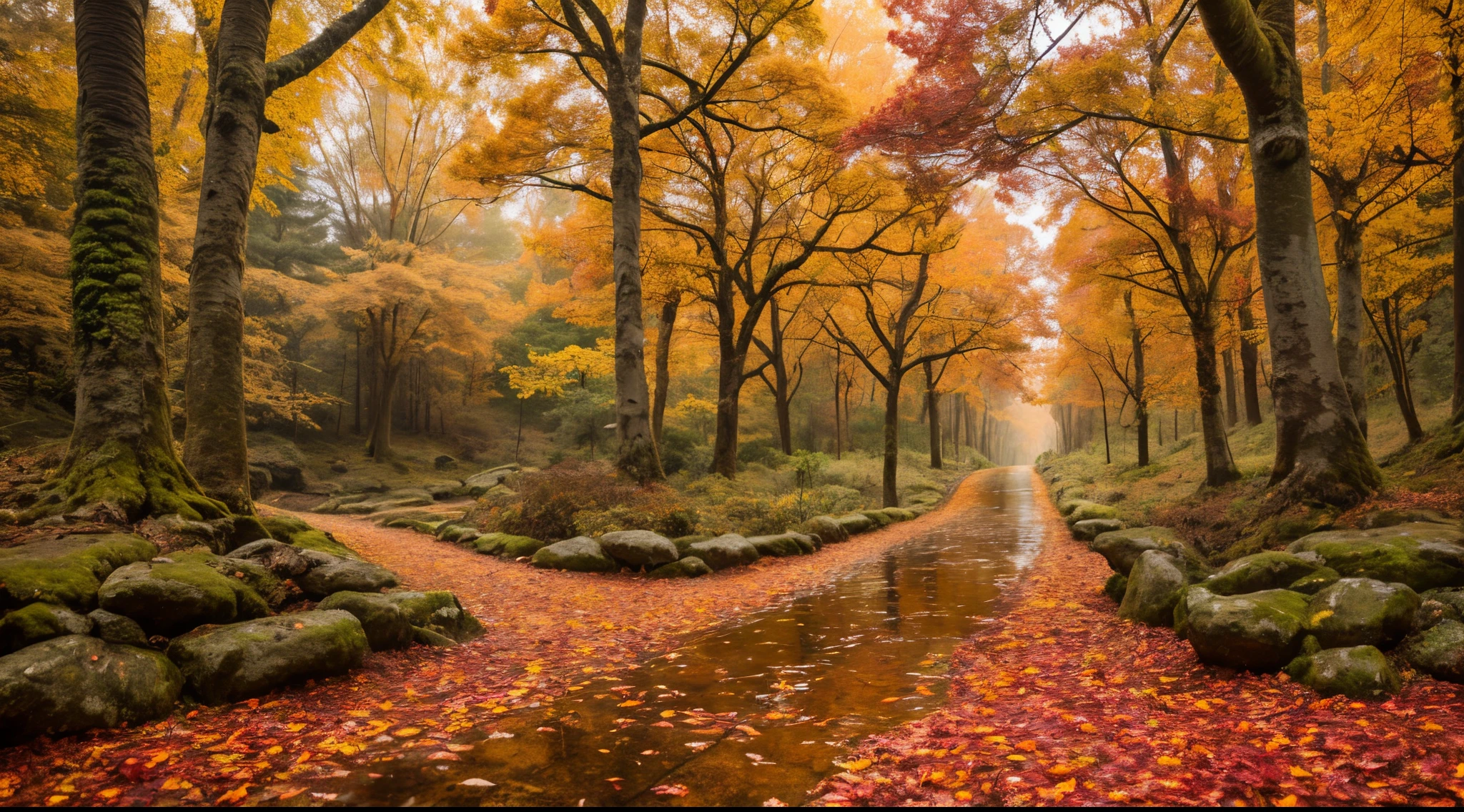 "extremely detailed and realistic autumn forest scene with wet leaves and colorful flowers after the rain, full of peaceful atmosphere."