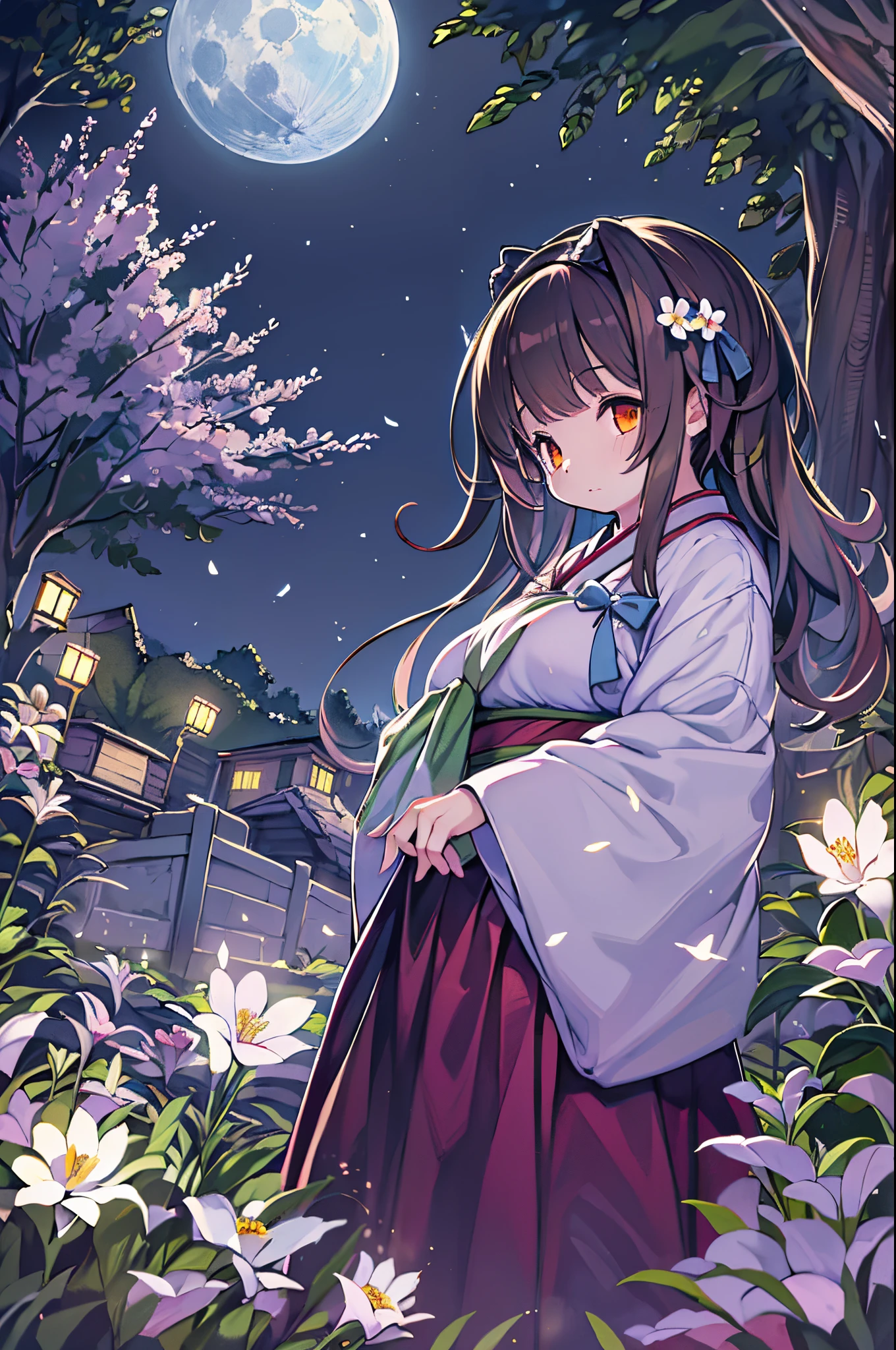 Best Quality, high_resolution, Distinct_image, Detailed background ,girl, hanbok,flower,garden,Moon, Night,Dutch Angle, Wide Shot, diadems,