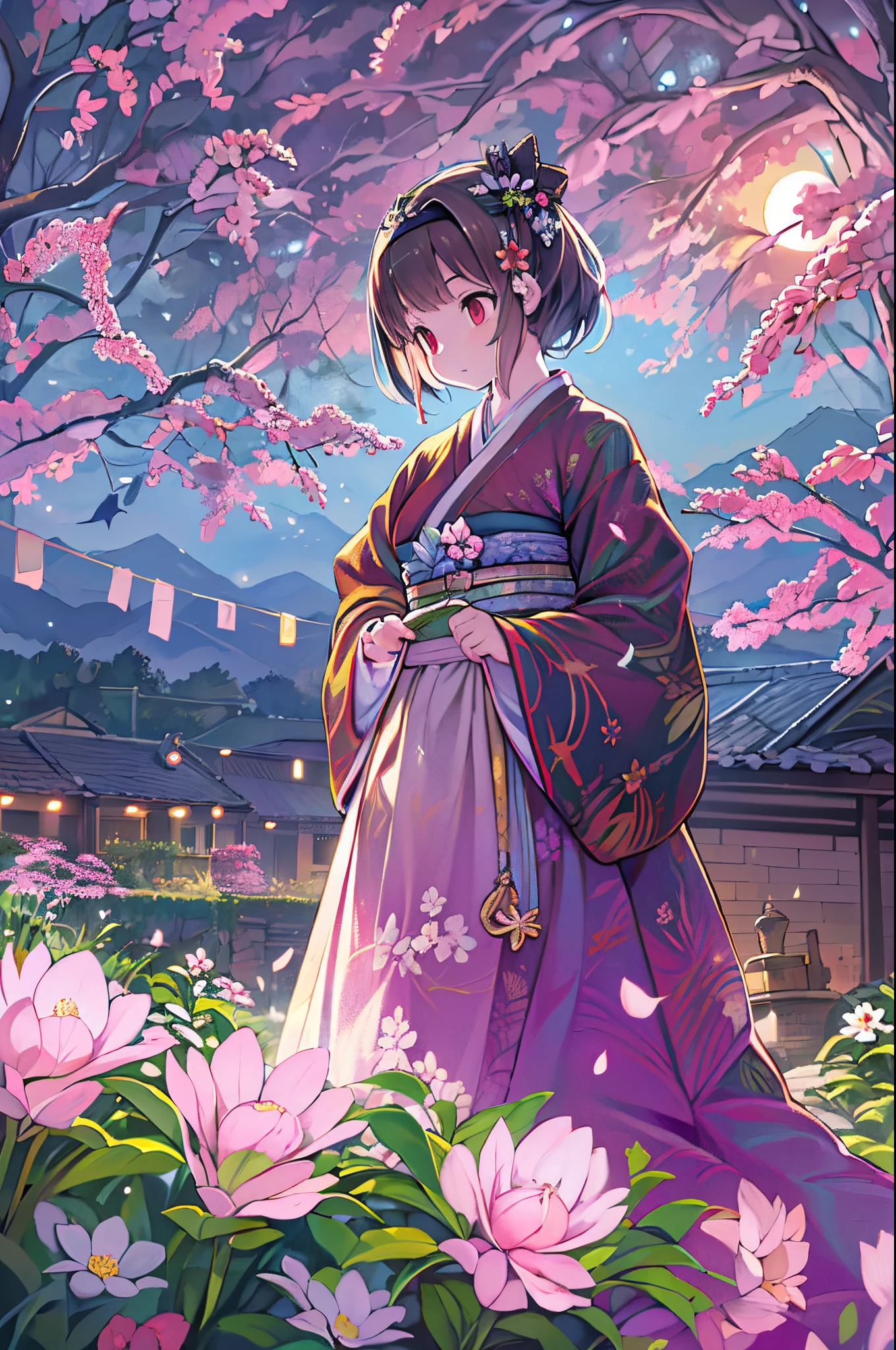 Best Quality, high_resolution, Distinct_image, Detailed background ,girl, hanbok,flower,garden,Moon, Night,Dutch Angle, Wide Shot, diadems,