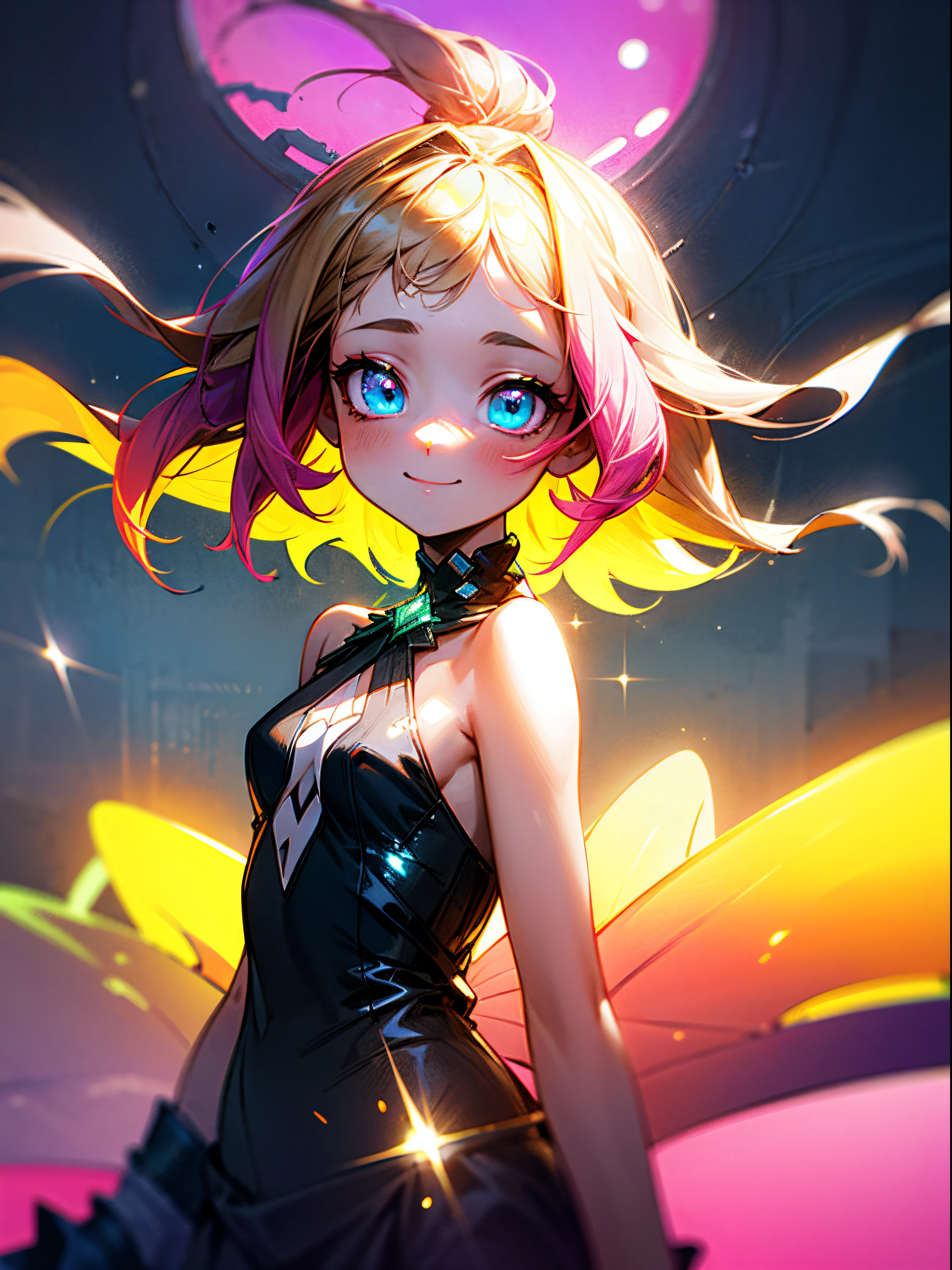 Fantasy art, neon magic, handsome girl, sea fairy, Smiling, UHD, 128 K., Dreamy colors, glowing around, Glow, symmetric eyes, symmetrical nose, sparkles, emerald eyes, dark blonde hair, delicate pink-violet curls, ciberpunk, Casual styles in beige or white with a cute, magical neon print and detailing., background with magical fantasy city, Fantasy City Background, Magic City, neon lights, Small bust