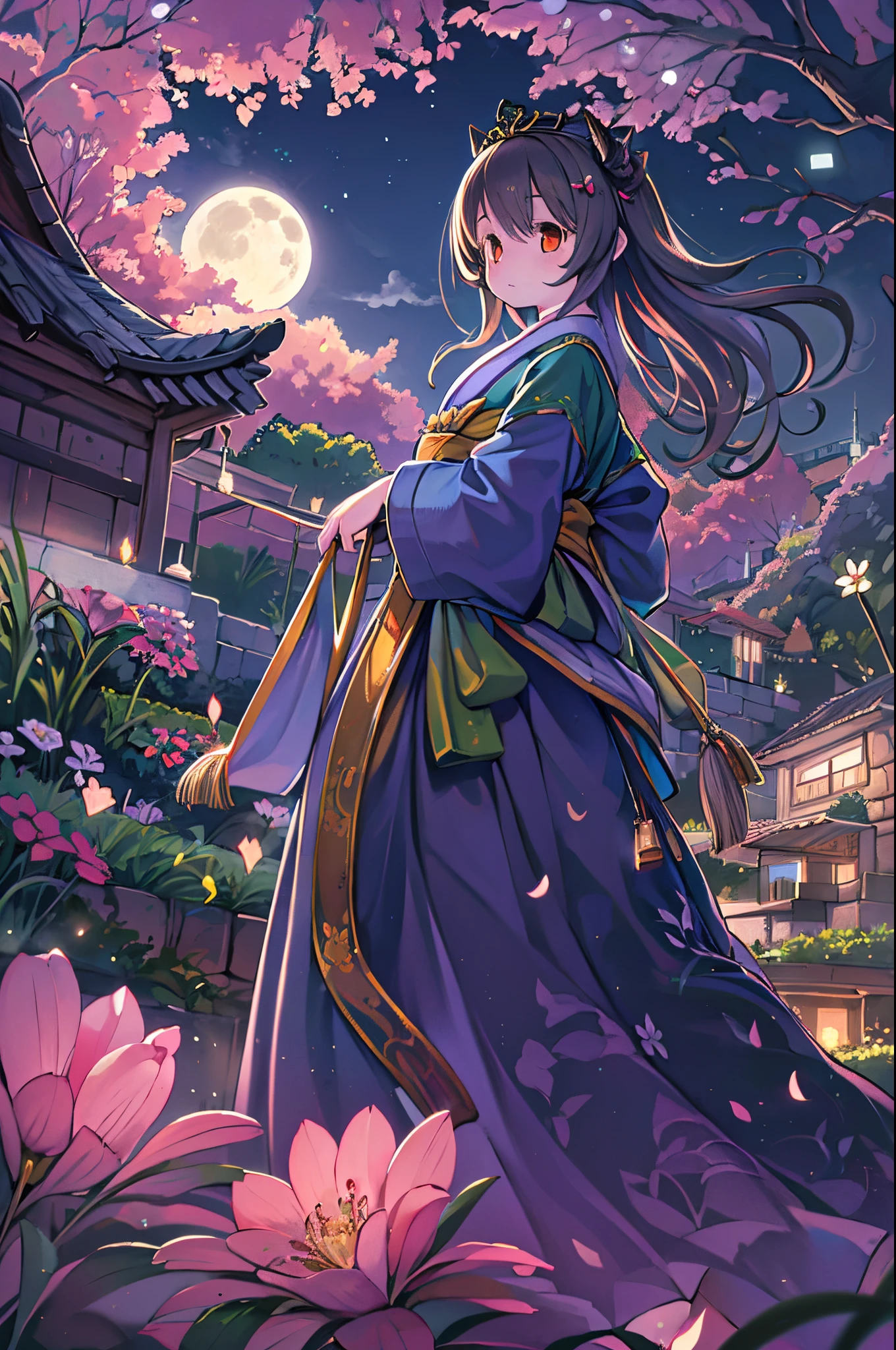 Best Quality, high_resolution, Distinct_image, Detailed background ,girl, hanbok,flower,garden,Moon, Night,Dutch Angle, Wide Shot, diadems,