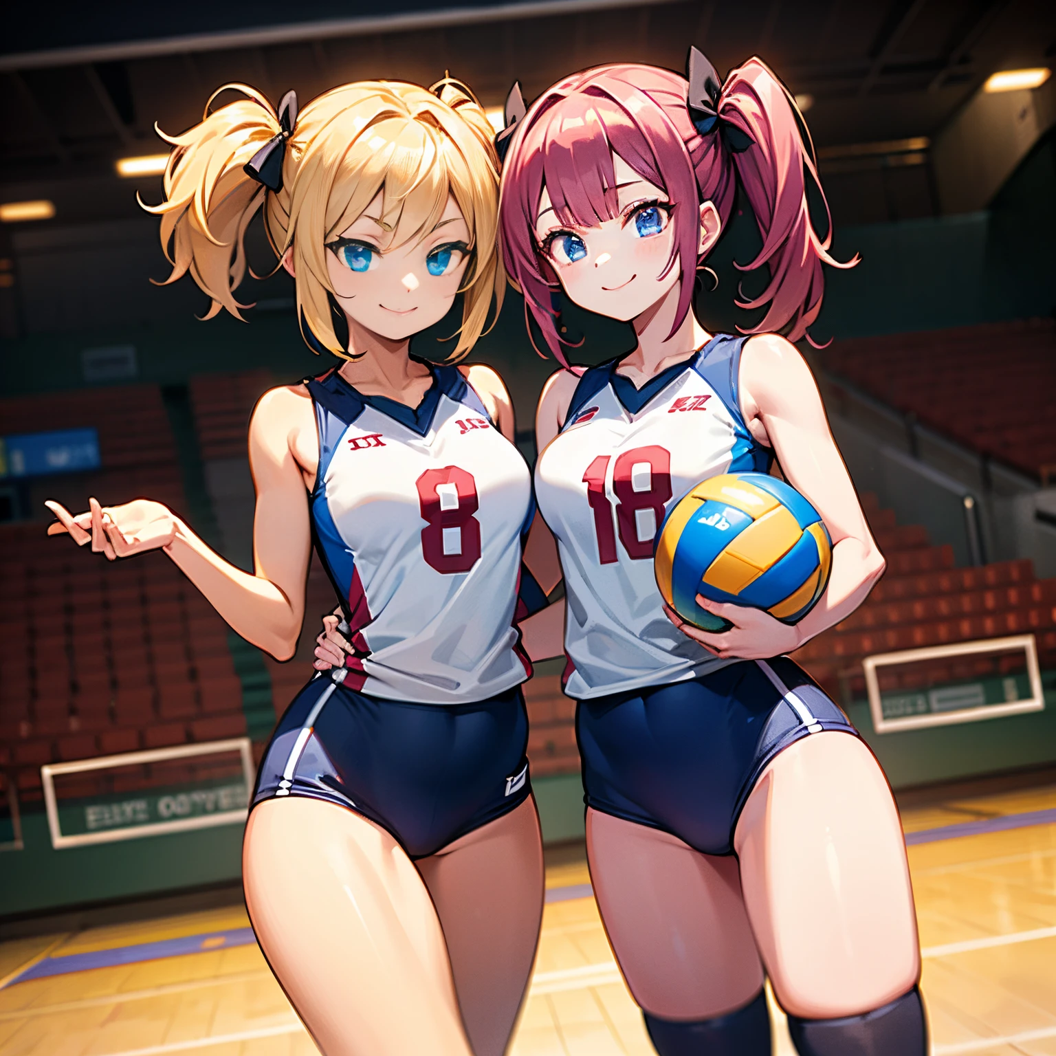 unity 8k wallpaper, anatomically correct, (((masterpiece))), (((best quality))), (((ultra detailed))), (((high-resolution))), ((super fine illustration)), ((Ultimate cutie)), detailed beautiful face, shiny hair, 18 years old, (potbelly), (curvy), medium breasts, ((Thick thighs)), sleeveless volleyball uniform, ((buruma)), ((knee pad)), (elbow pad), ((hold volleyball)), ((hold a 6-inch volleyball)), cowboy shot, in volleyball court, in school gymnasium,
BREAK, 2girls_A_and_B, A girl_have_{{blond twintails}}_{hair bow}_hotpink eyes_{{happy}}_{smile},
BREAK, B girl_have_{black short hair}_ {hair bow}_{{{blue eyes}}}_{{{smirk}}}