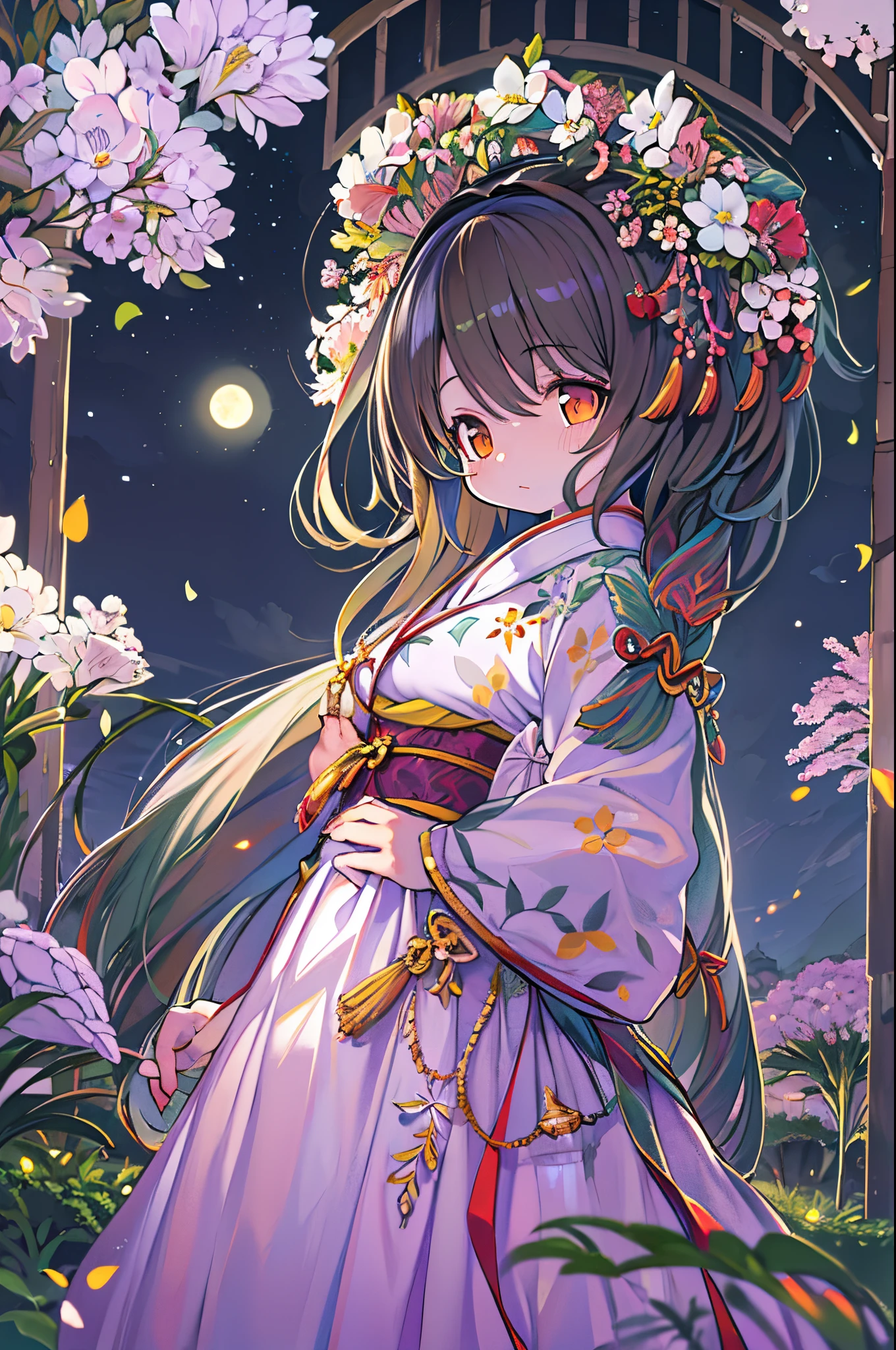 Best Quality, high_resolution, Distinct_image, Detailed background ,girl, hanbok,flower,garden,Moon, Night,Dutch Angle, Wide Shot, diadems,