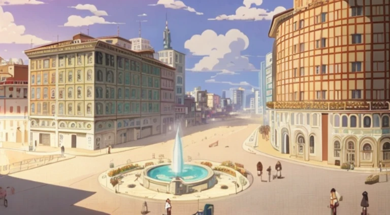 There is a painting of the city,There is a fountain in the middle, Rio de Janeiro in an animated film, anime style cityscape, beautiful anime scenes, anime movie screenshot, hd anime cityscape, anime scene, Screenshot of the animated movie, Downtown background, 《Kola Legend》Set, town in background, anime movie backgrounds, beautiful anime scenery, Studio Ghibli anime screenshots
