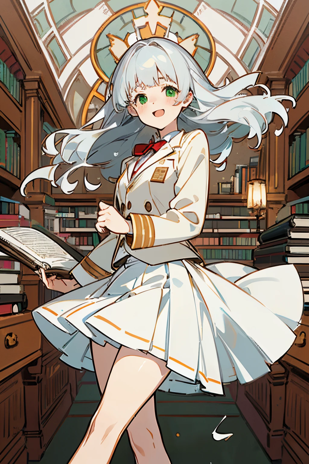 ((Masterpiece)), (Professional Photography:1.2), (High Definition:1.3), best quality, 8K, Textured skin, cinematic lighting, (1girl), short stature, ((cute age young girl)), (very blunt bangs, slightly loose curls hair, breasts length hair, high details of pale silver hair), (very laughing face), brilliant green eyes, (drooping eyes), (very cute pose), small breasts, slender waist, undress slovenly, (pale Ivory color blazer student's uniform), (white blouse), ((brown skirt)), ((in the library room)), red string ribbon