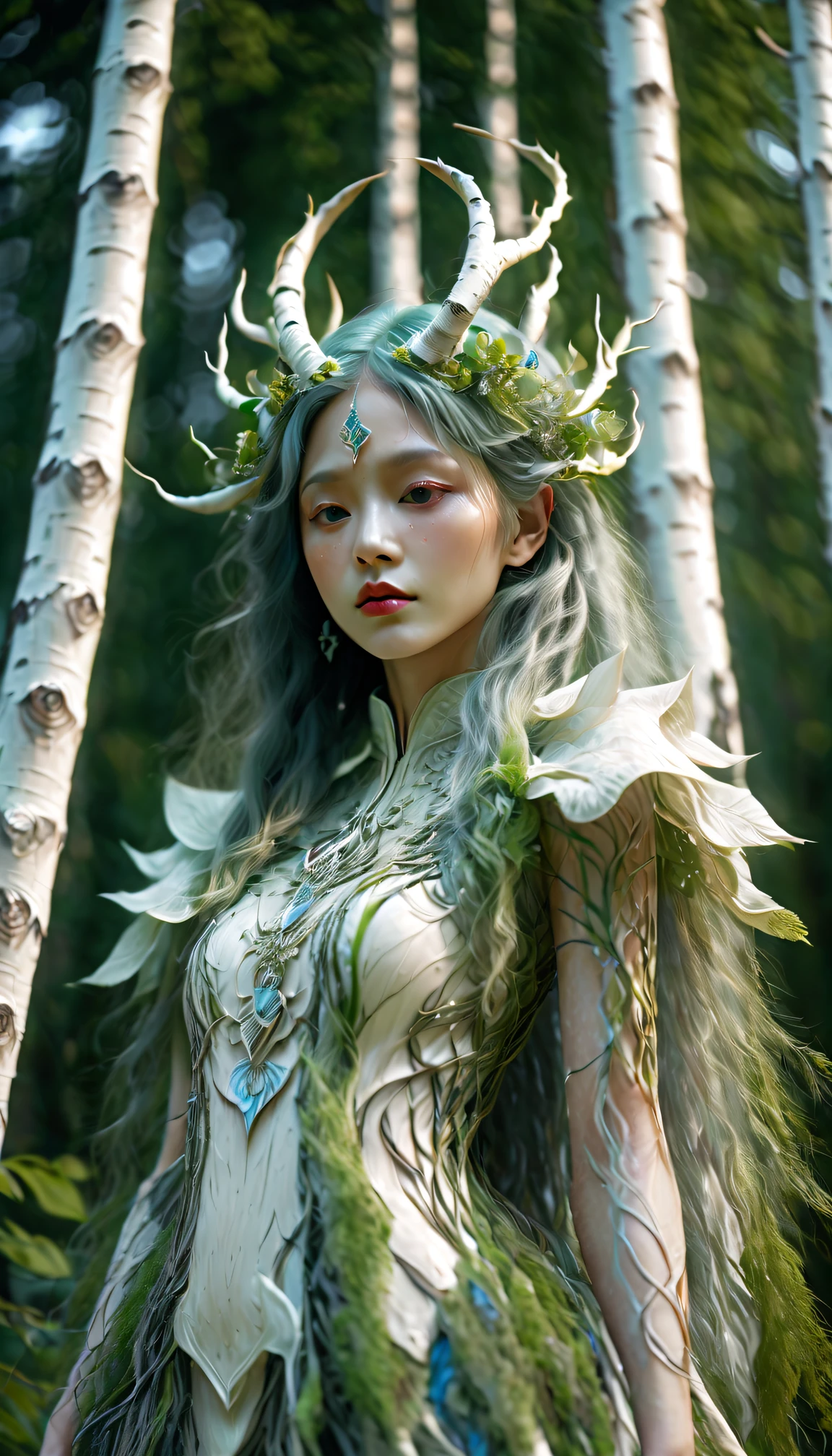 birch tree girl, (Beautiful girl made of fresh plants), long white curry hair, Birch forest, Plants, beautiful psychedelic, (Psychedelic clothing made of intricately woven birch bark:1.3), Horns:1.1