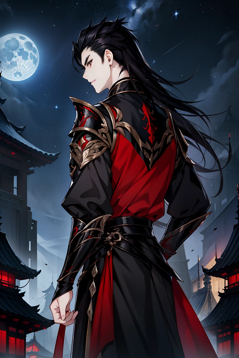 A vampire, Hanfu, elegantly uniform black clothing, shoulder armor, long black hair, red eyes, nighttime, starry sky, moonlight, Asian architecture, best quality, 16k, masterpiece:1.2, (shot from behind:1.4)