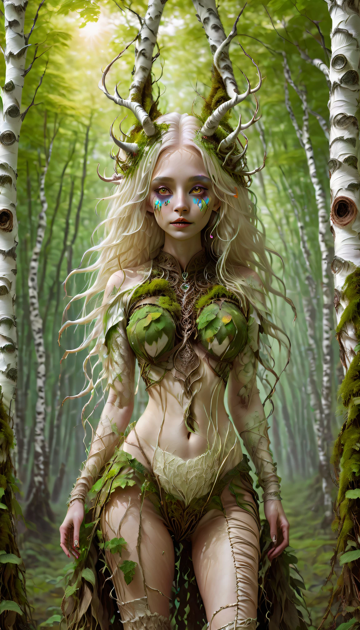 birch tree girl, (Beautiful girl made of withered plants), Fantasy, My feet are rooted to the ground, long white curry hair, Birch forest, Plants, beautiful psychedelic, Psychedelic clothing made of intricately woven birch bark, Horns:1.2