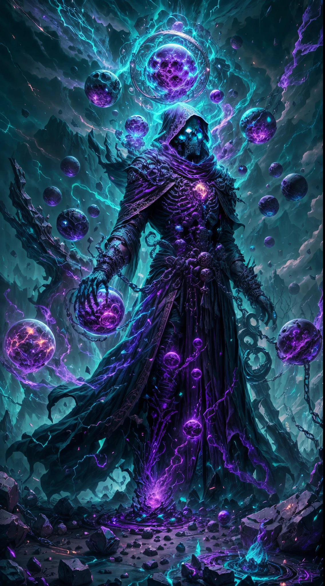 a dark runic skeleton lich, black gold skeleton, magical void energy, glowing eyes, death lightning, death energy ball floating on it's bone hand, casting a spell, energy cracking, bone hand, dressed in a luxury cloak, astral skulls floating around, earth and rock floating with energy as the lich hold, Detailed glowing runic line floating around, bones and skulls lays on the ground, dark purple energy, floating in the air, energy chain, magic circle on the ground,,Detailed,Realistic,4k highly detailed digital art,octane render, bioluminescent, 8K resolution concept art, realism,by Mappa studios,masterpiece,best quality,official art,illustration,ligne claire,(cool_color),perfect composition,absurdres, fantasy,focused,rule of third