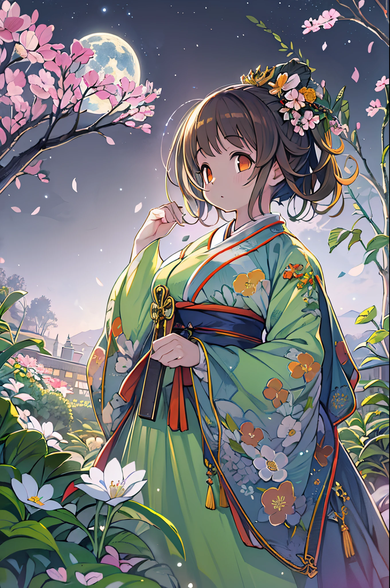 Best Quality, high_resolution, Distinct_image, Detailed background ,girl, hanbok,flower,garden,Moon, Night,Dutch Angle, Wide Shot, diadems,