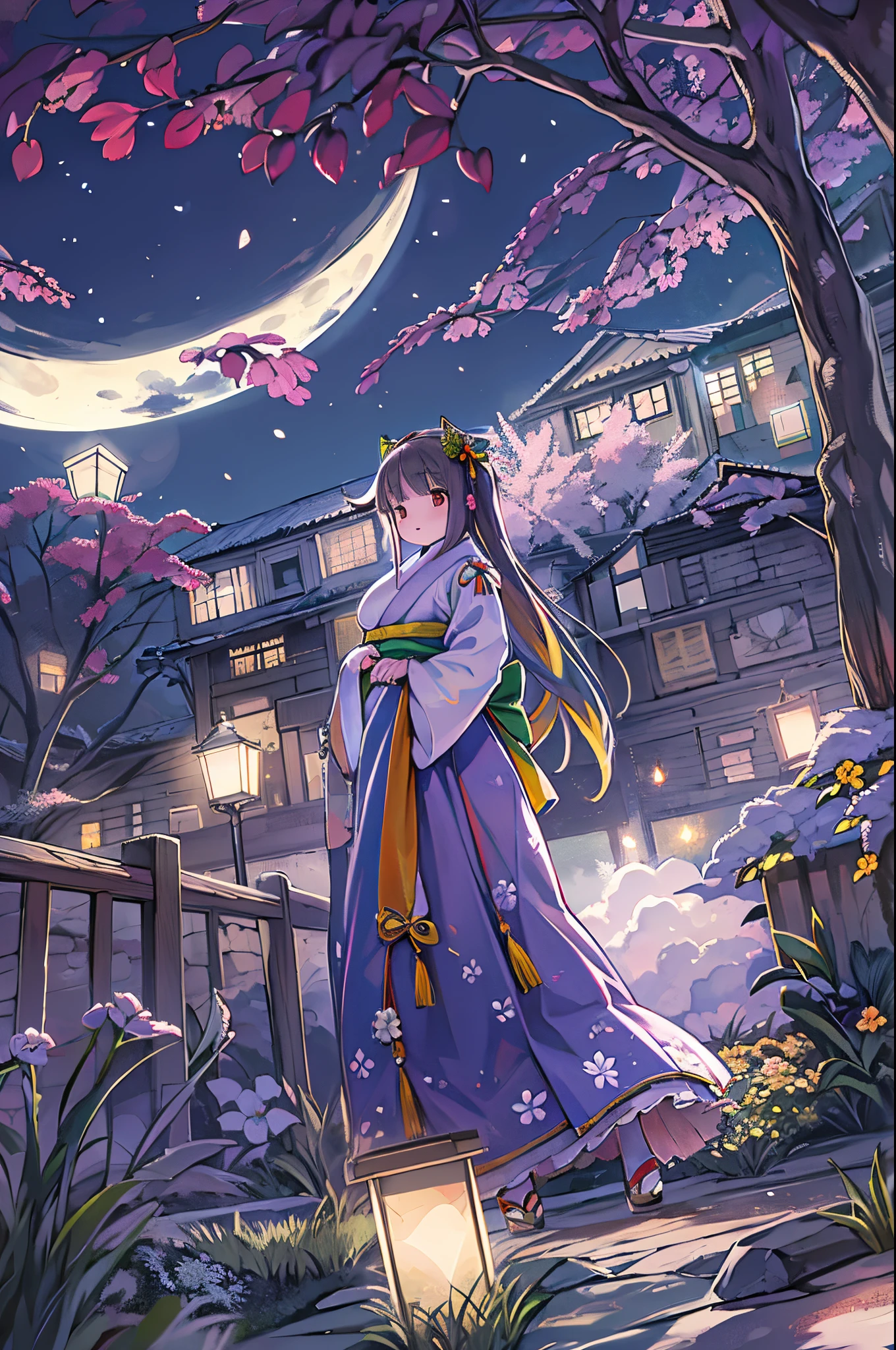 Best Quality, high_resolution, Distinct_image, Detailed background ,girl, hanbok,flower,garden,Moon, Night,Dutch Angle, Wide Shot, diadems,