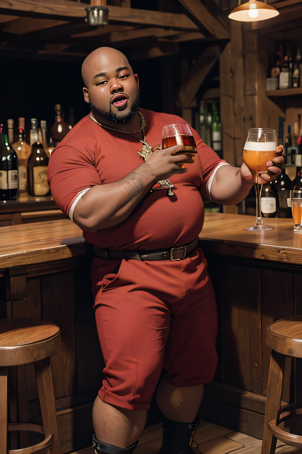 Masterpiece, ultrarealistic, a photo of black boy, very fat, drunk, drink beers, bald, Goatte, drunk pose, red robbed shirt, medieval theme, fullbody, bar medieval background