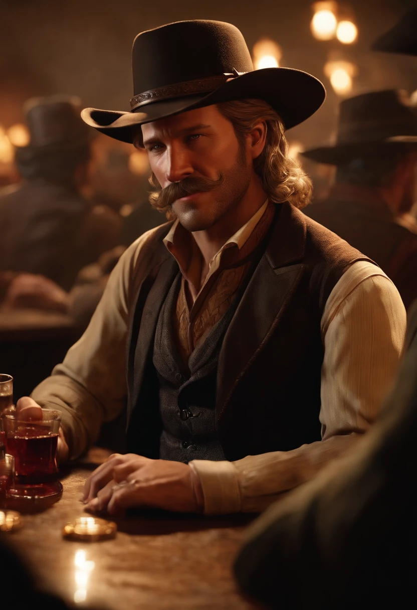 A photo of a crowded bar, with people laughing, drinking, and gambling. There are a few friendly games turning into heated arguments in the background.,Red Dead Redemption 2,Micah has shoulder-length blond hair, along with a thick horseshoe mustache and side-whiskers. Micah is slightly portly and often wears an undone black leather coat, a red or black shirt accompanied by a red vest, a blue neckerchief, beige trousers, and a white hat., male