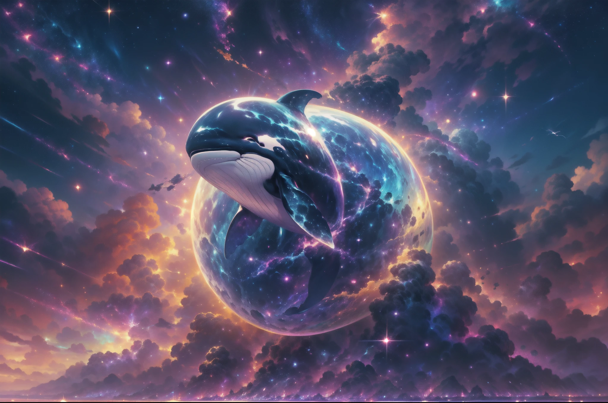 (a :vivid colors),(best quality),(realistic:1.37),(7k resolution),(cosmic energy),(cosmic rays),(nebula surrounding),(floating in the vast space),(giant space orca),(energy glowing around),(colorful),(energy ball),(lightning),(glitter),(mesmerizing),(galaxy on skin)