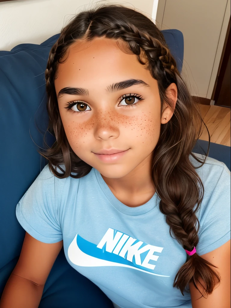 1girl. Tan skin, freckles on nose, freckles on cheeks, dark brown hair, wavy hair, hair braid, Nike shirt, sweatpants, twenty years old, laying on the couch,
