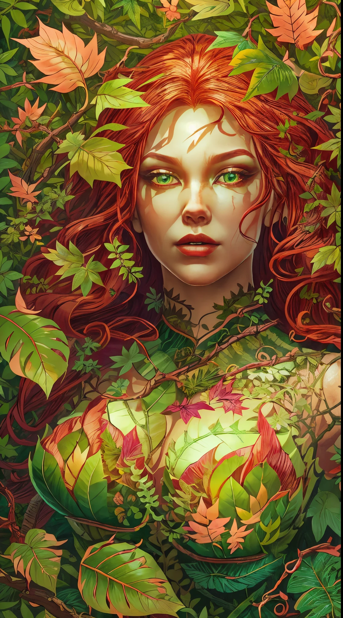 (mother of nature,green skin:green:1.1,red head:1.1) A mesmerizing image of Poison Ivy comes to life in vivid colors. Her beautiful, pale green skin stands out, radiating an ethereal glow. Her hair, a fiery red cascade, frames her face with wild elegance. Looking closer, you notice her enchanting eyes, filled with both mystery and power.

She stands confidently, her figure adorned with lingerie made entirely of intricately crafted leaves. Each leaf is carefully placed, forming a mesmerizing pattern that accentuates her natural beauty. The leaves, in various shades of green, seem to mimic the plants surrounding her, perfectly blending her with the lush environment.

Poison Ivy extends her hand, effortlessly commanding the plants around her. Green vines sprout from the ground, twisting and curving under her control. They dance gracefully in the air, forming intricate patterns and shapes. Some vines reach towards her, while others create an enchanting canopy above her, casting wavy shadows on her face.

The air is filled with the scent of nature, fresh and invigorating. The atmosphere seems to vibrate with life, as the leaves rustle softly in the gentle breeze. The surroundings are an oasis of greenery, with an abundance of vibrant plants and foliage that stretch as far as the eye can see.

In this masterpiece of art, the level of detail is astonishing. Every aspect of Poison Ivy, down to the tiniest veins on the leaves, is defined with precision and realism. The lighting is carefully crafted, illuminating her delicate features and enhancing the overall atmosphere. The colors are vivid and rich, showcasing the beauty of the natural world that she commands.

As you gaze at this stunning artwork, you can't help but be captivated by the allure and power of Poison Ivy, the Mother of Nature. She embodies the essence of the wild and the untamed, a force to be reckoned with.