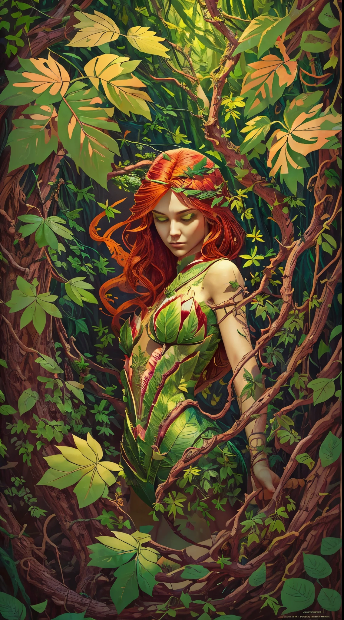 rubenesque woman, standing in a forest glade, small brook, woman, reddish-blonde, freckles, ((covered in vines)), naked, druidess, vines, robe of vines and leaves, pinup, ((see-though)) clothes, transparent clothes,
