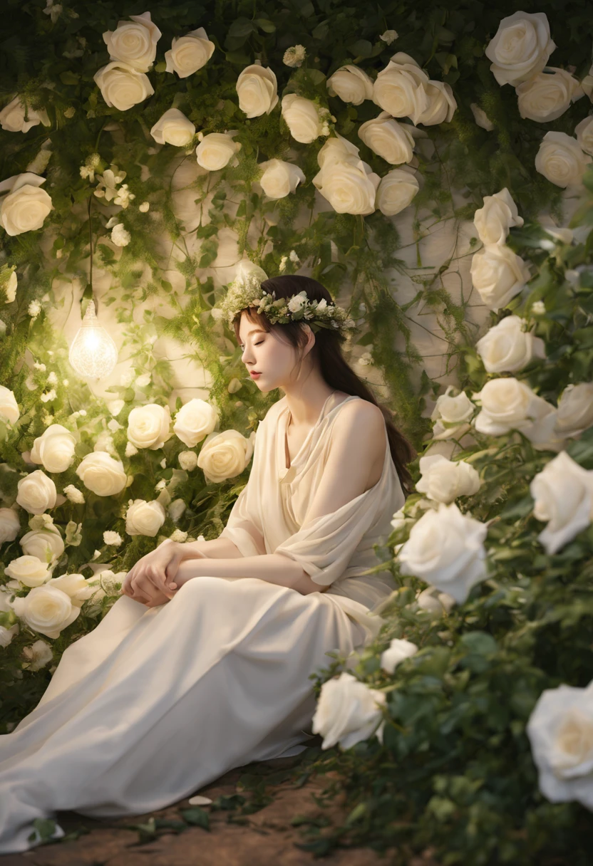 (Best quality,4K,8K,A high resolution,tmasterpiece:1.2),beautidful eyes,beautiful detailed lips,Extremely detailed eyes and face,Long eyelashes,（（a plant elf，Glowing and ethereal look，Extremely peaceful and beautiful,The body and surroundings are covered with white roses and dense vines,Plants cover face and body，Side view, Kneeling pose, Close your eyes and look up））, Exceptionally beautiful, A dreamy and radiant existence,lamplight, Plant theme, soft and warm lighting