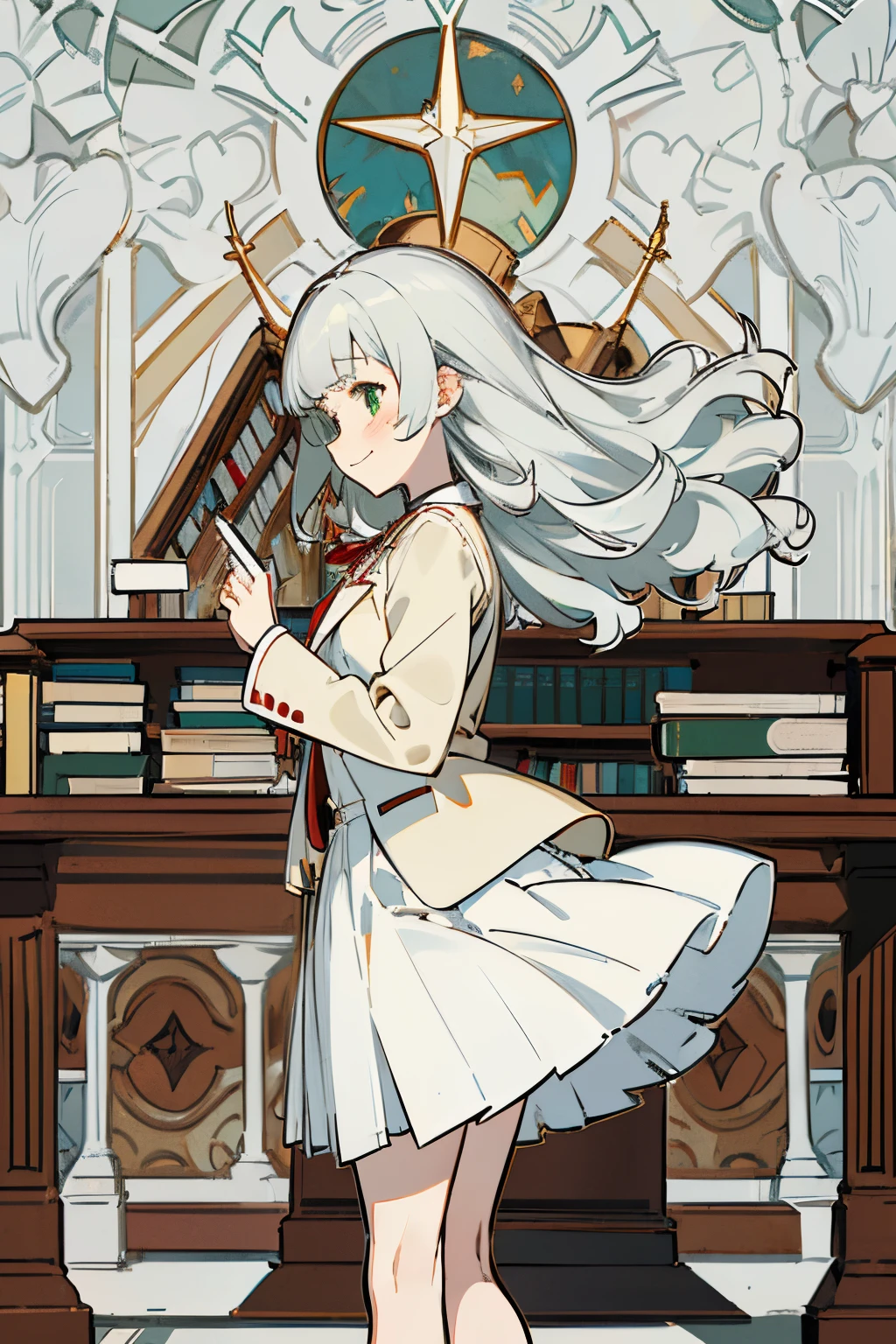 ((Masterpiece)), (Professional Photography:1.2), (High Definition:1.3), from side, best quality, 8K, Textured skin, cinematic lighting, (1girl), short stature, ((cute age young girl)), (very blunt bangs, slightly loose curls hair, breasts length hair, high details of pale silver hair), (very laughing face), brilliant green eyes, (drooping eyes), (very cute pose), small breasts, slender waist, undress slovenly, (pale Ivory color blazer student's uniform), (white blouse), ((brown skirt)), ((in the library room)), red string ribbon