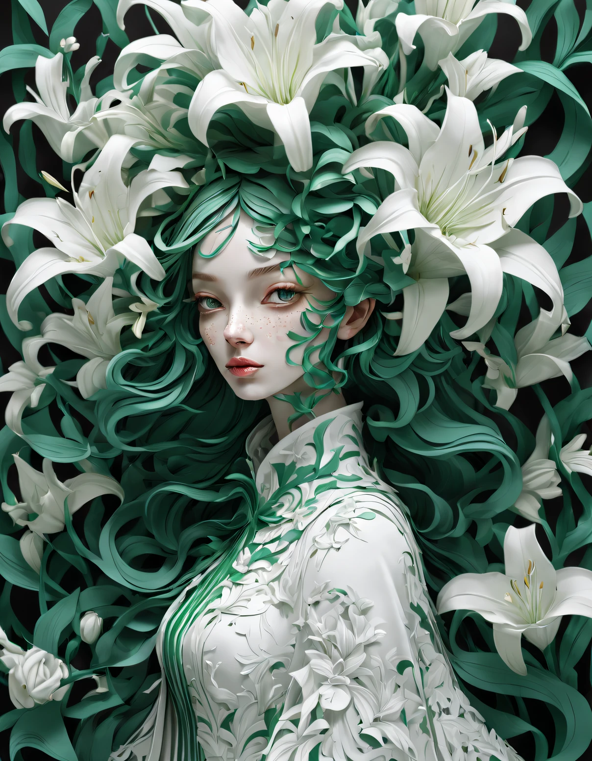 double contact，（girl covered with lilies），（girl wearing lilies），emerald and white，,Rendered by Octane，unreal-engine，Rococo paper cutting，Fantasyart，Surreal