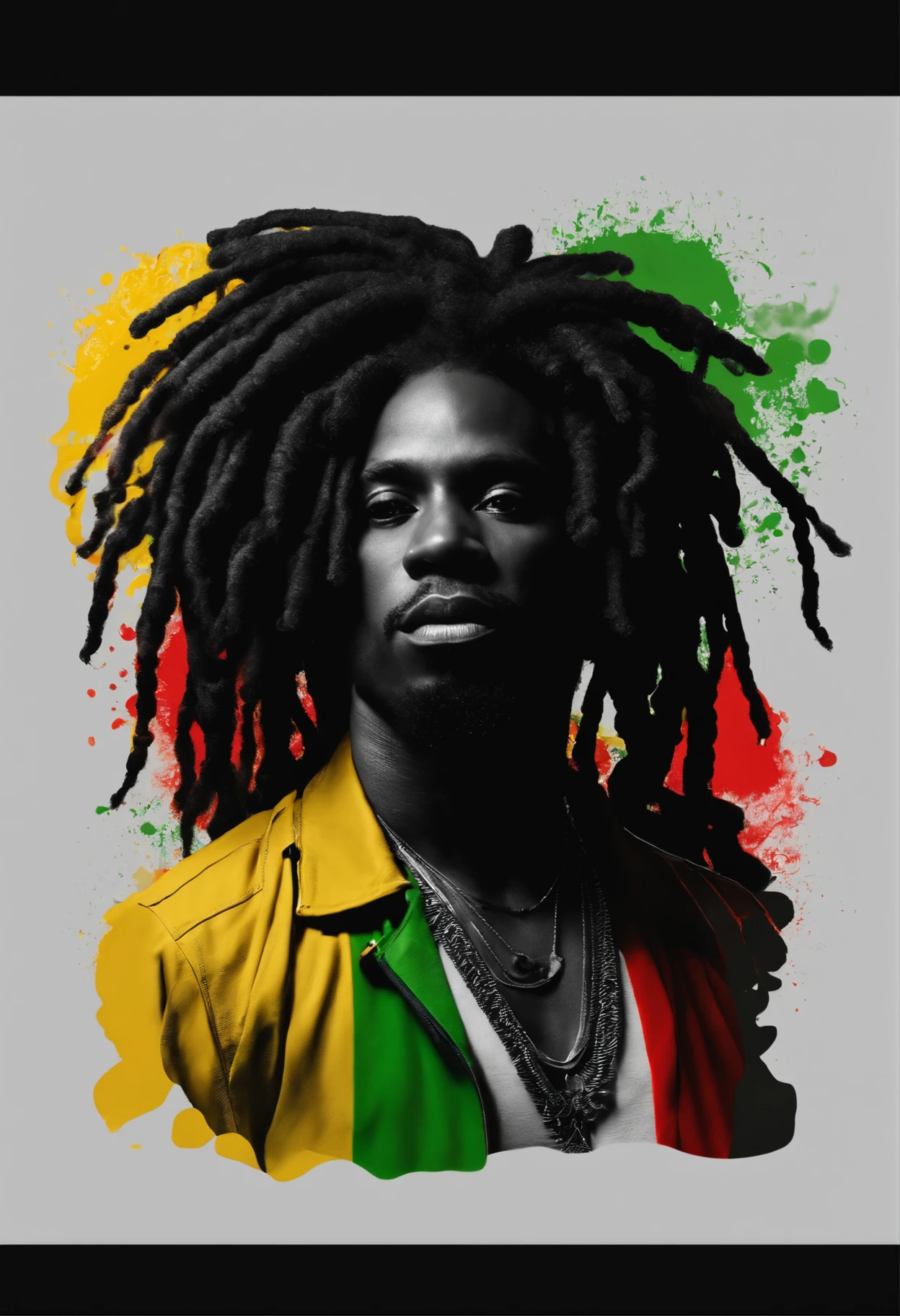 Create a logo with the head of a black man with dreadlocks in black colors, verde, amarelo e vermelho (olhando para a frente) , imagem estilo logomarca , Sober, (fundo preto), Image with resolution of at least 300dpi, UHD 8k, Very high quality for excellent printing. Lighting that highlights the figure in relation to the background, cores do reggae, Estilo da camada de disco