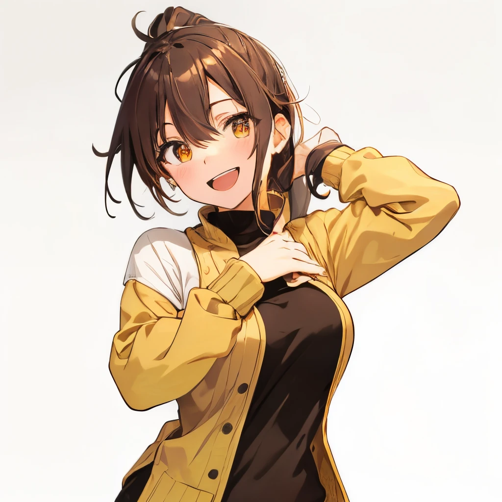 【Highest Quality, masutepiece】 [girl, Manteau, expressioness,deep orange eyes, front facing,dark brown hair,long ponytail hair,yellow knit cloth, Upper body] (Gray white background:1.2),very happy smile,boobs,