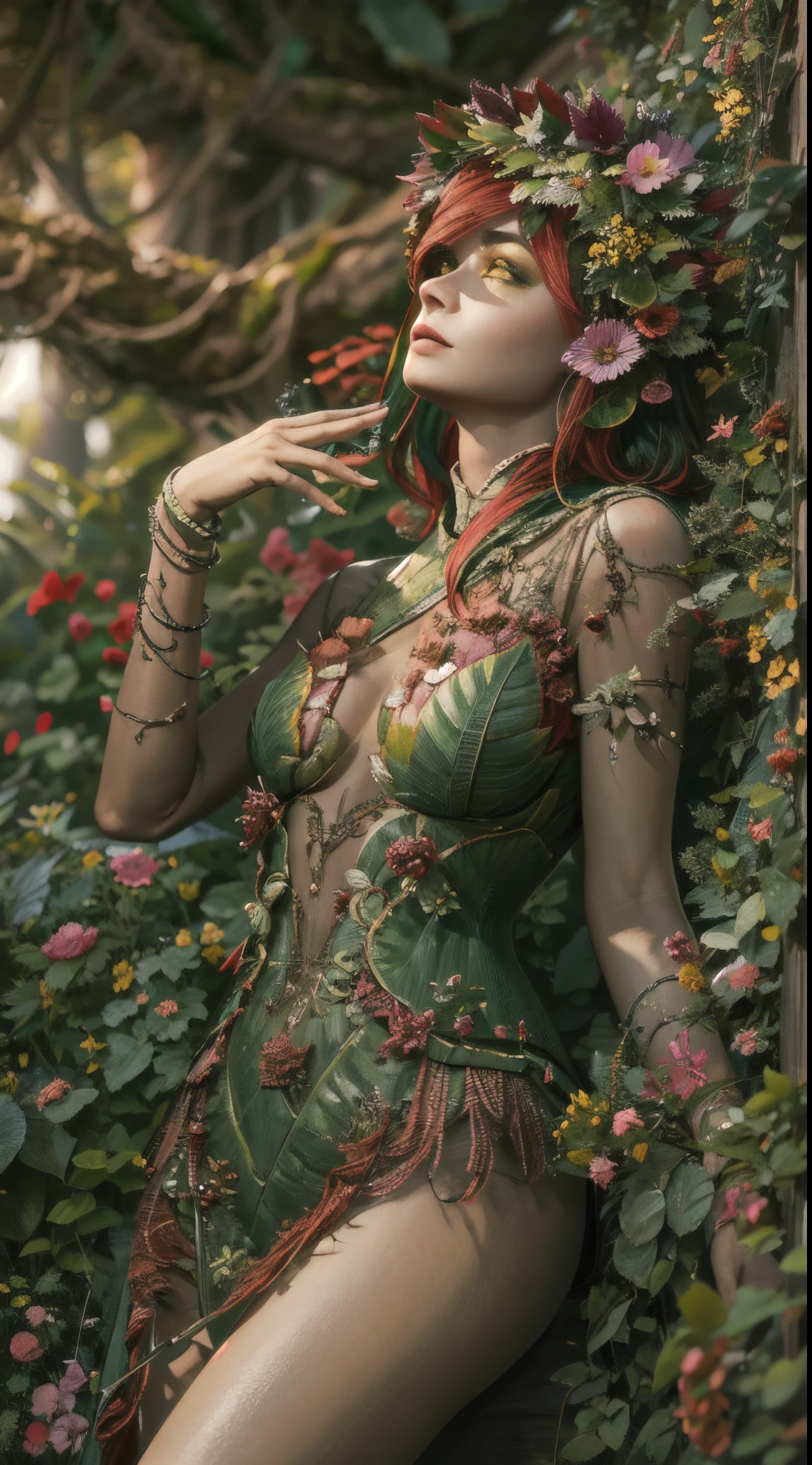 (best quality,4k,8k,highres,masterpiece:1.2),ultra-detailed,(realistic,photorealistic,photo-realistic:1.37),HDR,UHD,studio lighting,ultra-fine painting,sharp focus,physically-based rendering,extreme detail description,professional,vivid colors,bokeh,
A woman with green skin and fiery red hair stands in a lush garden, surrounded by vibrant foliage. Her eyes shimmer with an otherworldly glow, reflecting the power of nature within her. Her lips, full and seductive, hint at the secrets she holds and the allure of her presence.
The woman, known as the Mother of Nature, exudes an aura of strength and control over the plant life around her. She wears lingerie made of intricately woven leaves, accentuating her connection to the natural world. The leaves adorning her body glisten with a dewy sheen, highlighting the intricate details and textures.
As she extends her hand, green vines emerge from the ground, swirling and twirling in the air. She effortlessly controls the movements of the vines, making them dance and twist to her will. The vines take on different shapes, intertwining with each other as they float under her enchanting control.
The garden is teeming with an abundance of green vines, both on the ground and suspended in the air. They form a mesmerizing display, creating an ethereal atmosphere that surrounds the Mother of Nature. The various shades of green reflect the diversity and vitality of the plant kingdom, enhancing the overall visual impact of the scene.
The portrait captures the essence of the Mother of Nature, showcasing her power, mystique, and connection to the world of plants. Each leaf, each vine, and every intricate detail is brought to life with utmost precision and realism. The image evokes a sense of awe and wonder, inviting viewers to delve into the beauty and secrets of the natural realm.
With its high resolution and exquisite quality, this portrait embodies the mastery of an accomplished artist. The use of studio lighting enhances the depth and dimensionality of the image, allowing the character and environment to come alive. The colors are vivid and vibrant, creating a visually captivating experience.
The overall atmosphere of the image is defined by a warm and earthy color palette, reminiscent of the natural hues found in a lush garden. Soft, diffused lighting casts gentle shadows and highlights, adding depth and subtlety to the composition. The interplay of light and shadow creates an enchanting ambiance, drawing viewers into the captivating world of the Mother of Nature.
The composition is carefully arranged to highlight the beauty and grace of the Mother of Nature. The bokeh effect in the background adds a dreamlike quality, softly blurring the surrounding foliage and emphasizing the focal point of the image. The combination of meticulous detail, vivid colors, and skillful lighting techniques creates a truly mesmerizing artistic masterpiece.