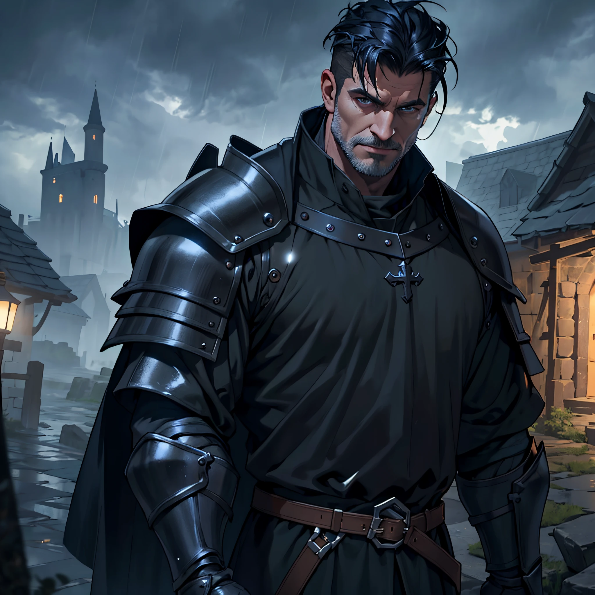 masterpiece, Best Quality, person upper body, detailed, 4k, Cinematics, Background with: Inside the illuminated medieval village in front of the medieval castle on a rainy night, dark clouds, thunderstorm, black knight in black steel armor (Middle aged man with short dark blue pomade hair)