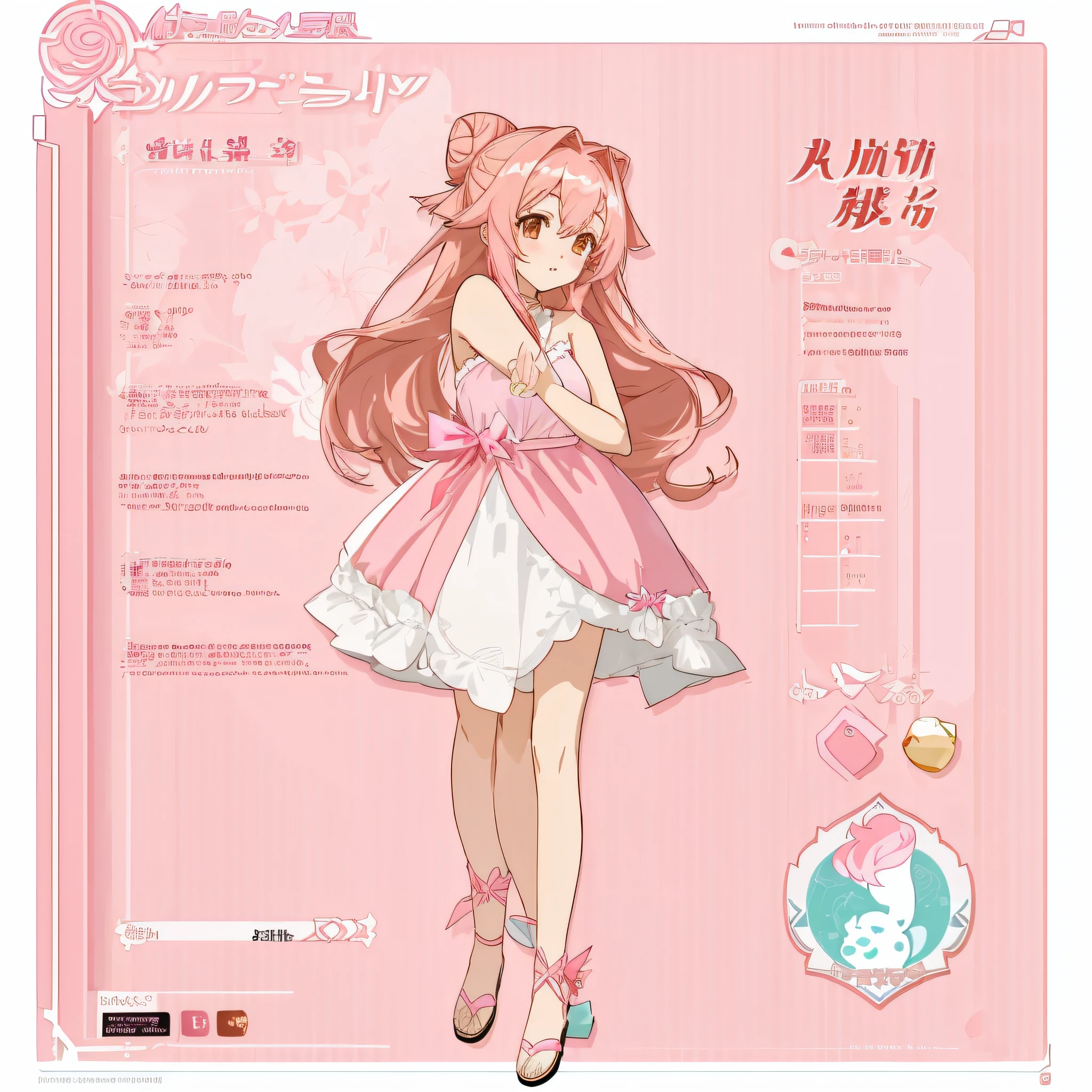 anime girl with long pale brownish dark pink hair and in a pink dress, anime character reference sheet, reference sheet, full body!, [ character design ], design sheet, character reference sheet, 
 long Pale brownish pink hair with sampaguita one hair bun (one right next sampaguita on her hair) with  and golden brown eyes, single character full body Genshin style, , official artwork, CG, artTala/>~Gender : Female~Size : medium female~Rarity: 5★~Weapon: , Catalyst~Element: Anemo~Nation: Mondstadt ((she is born in Sumeru and Raised in Mondstadt))