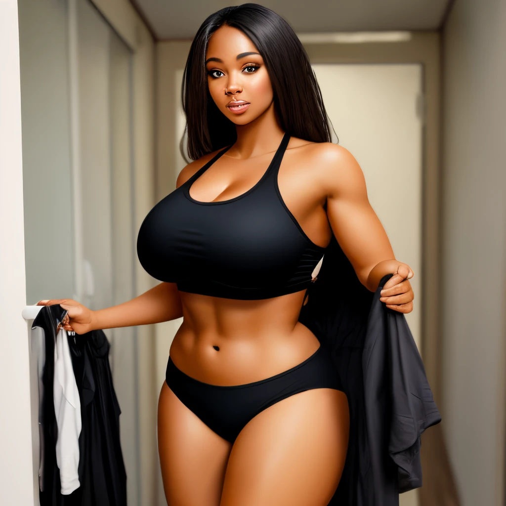 Fit Black female with big breasts with clothes covering it giving