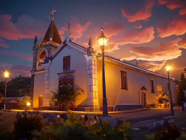 there is a white church with a clock tower and a lamppost, igreja, bispo do rosario, vista externa, monastery, vista Fora, visto de fora, rosalia vila i tobella, Arrendajo em Avila Pinewood, fora, vista frontal, vista frontal, idade, Completo - Vista, aldeia, igreja na madeira, catedral da igreja, neve por todo lado,