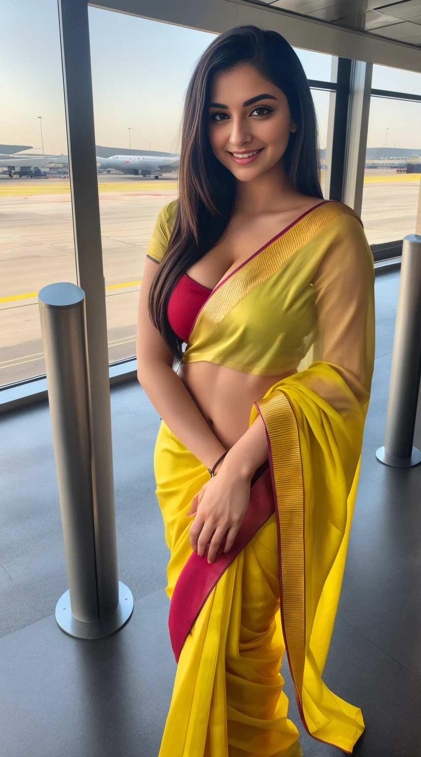 Indian 23 years old beautiful sexy girl beautiful modern deferent modern colorful yellow t-shirt and wiring Banaras yellow saree, big c-cup breast, deferent modern hairstyle, bright eyes, thin eyebrows, fair skin, blushing cheeks, prefect curvy body, head to thigh view, smiling face, Kamasutra expression, standing on beautiful airport different background, ultra realistic, head to thigh view, black hair, cleavage, beautiful night view