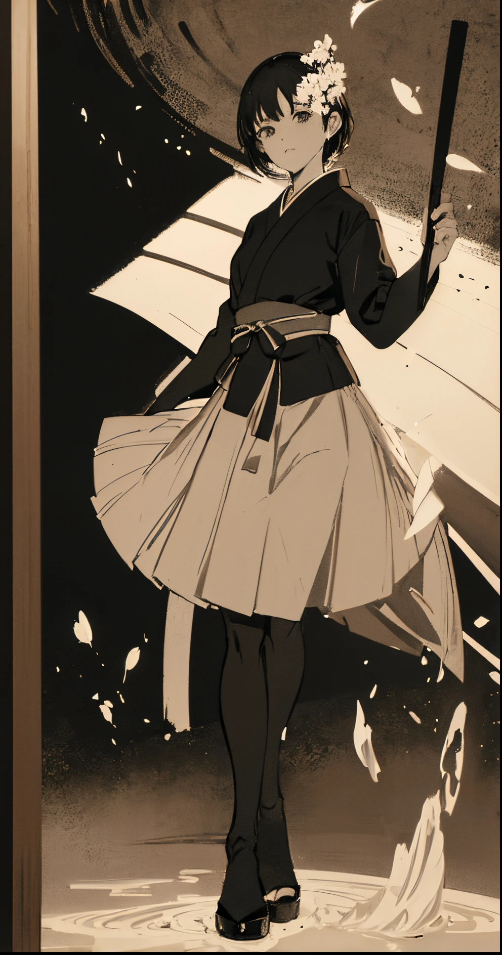 (Agregar escena, Soledad en el lago), lluvia, Sakura, estilo cuaderno de bocetos, dynamic pose, Black atmosphere, boceto realista y rugoso, Boceto aproximado, combination of dark and loose bold lines, bold lines, sobre papel.((Japanese ink painting technique...) ). The contrast between black and white highlights the unique beauty of the ink strokes and the sharpness of the focus....