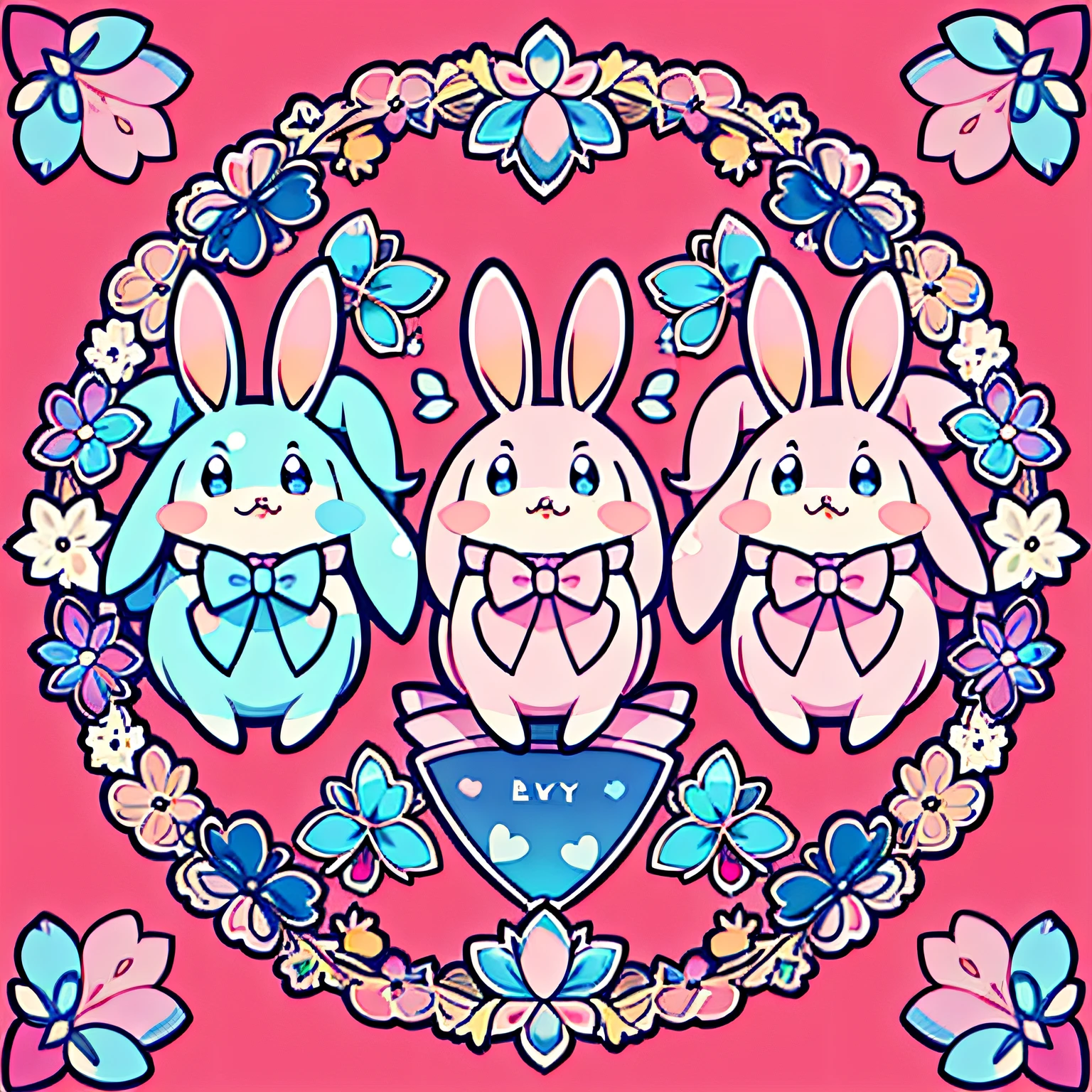 greeting card，(Clear itinerary)，Flat style,(Pink,Blue Themes:1.2),dialogue）airbubble,tip label , The frames,a sticker,the wallpaper,beatiful background,adorable rabbit,adorable rabbit,Bow knot