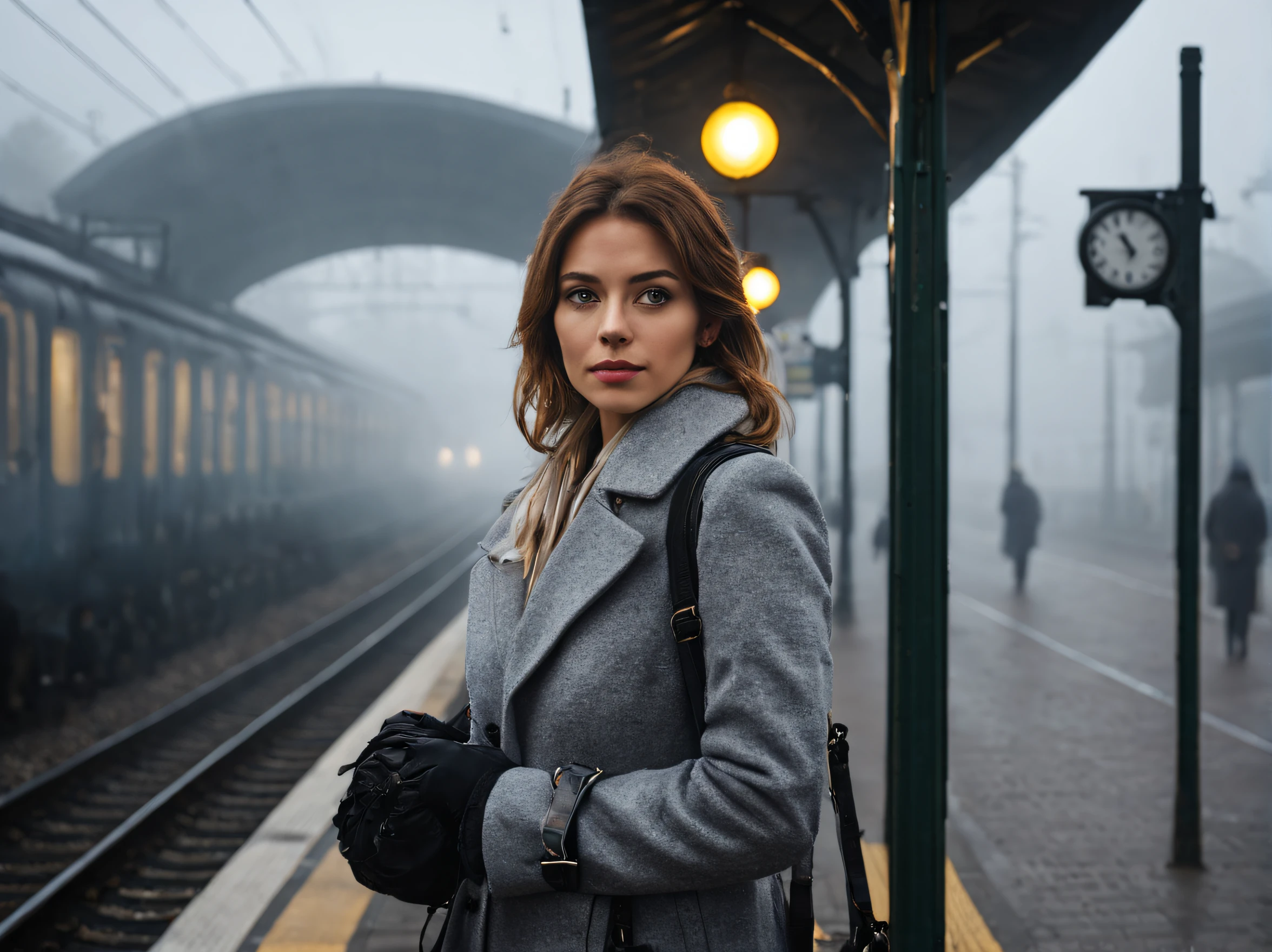 woman waiting for train, early morning, station clock, fog, in europe, candid photo, (snap shot), (full body shot: 1.4), extremely detailed eyes and face, longeyelashes, (best quality,4k, highres, masterpiece), sharp focus, physically-based rendering, (canon 24mm f2.8 lens: 1.3)