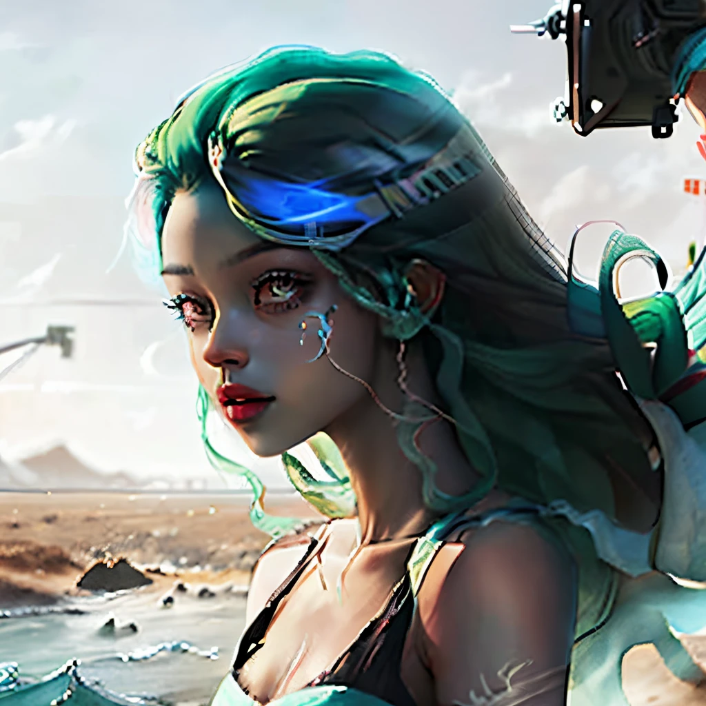 The skin is black,Hair is blue-green wavy,Hot figure,Wasteland wind
