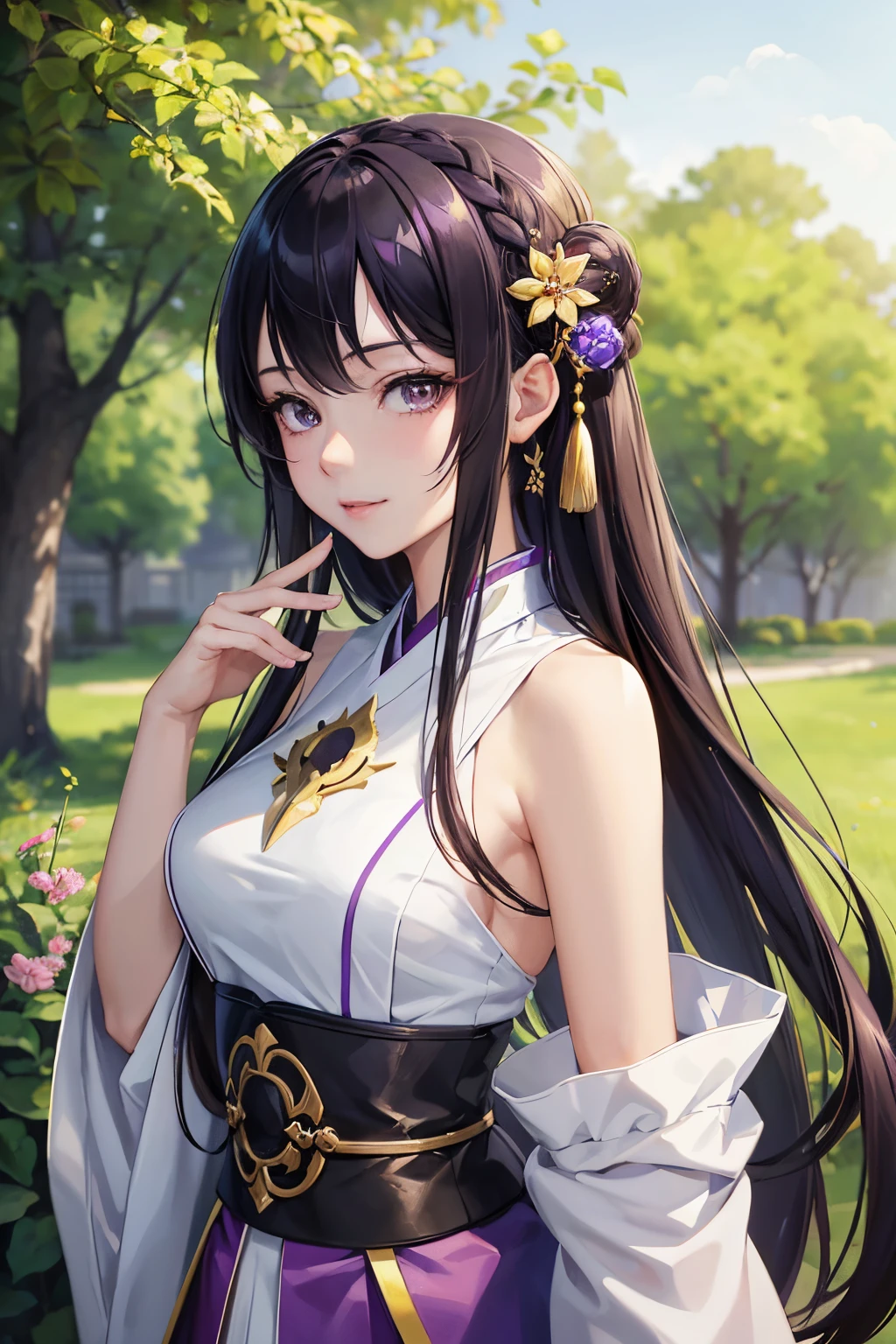 masterpiece, top-quality、8K,  anime girl, 20 year old, long black hair , ornamental accessory on hair, outdoor sunny garden, a character portrait by Yang J, Trend of CGsociety, Fantasy art, a beautiful anime portrait, detailed portrait of an anime girl, A girl in Hanfu, Guviz-style artwork, Beautiful anime girl, portrait anime girl, Beautiful character painting, Guviz, Portrait of an anime girl,  (perfectly detailed face), ((well detailed hand, normal hands)), photorealistic image, depth of field, raytracing, warm smile, cowboy shot, standing, upper body, (purple clothing), bare shoulders, slim waist,