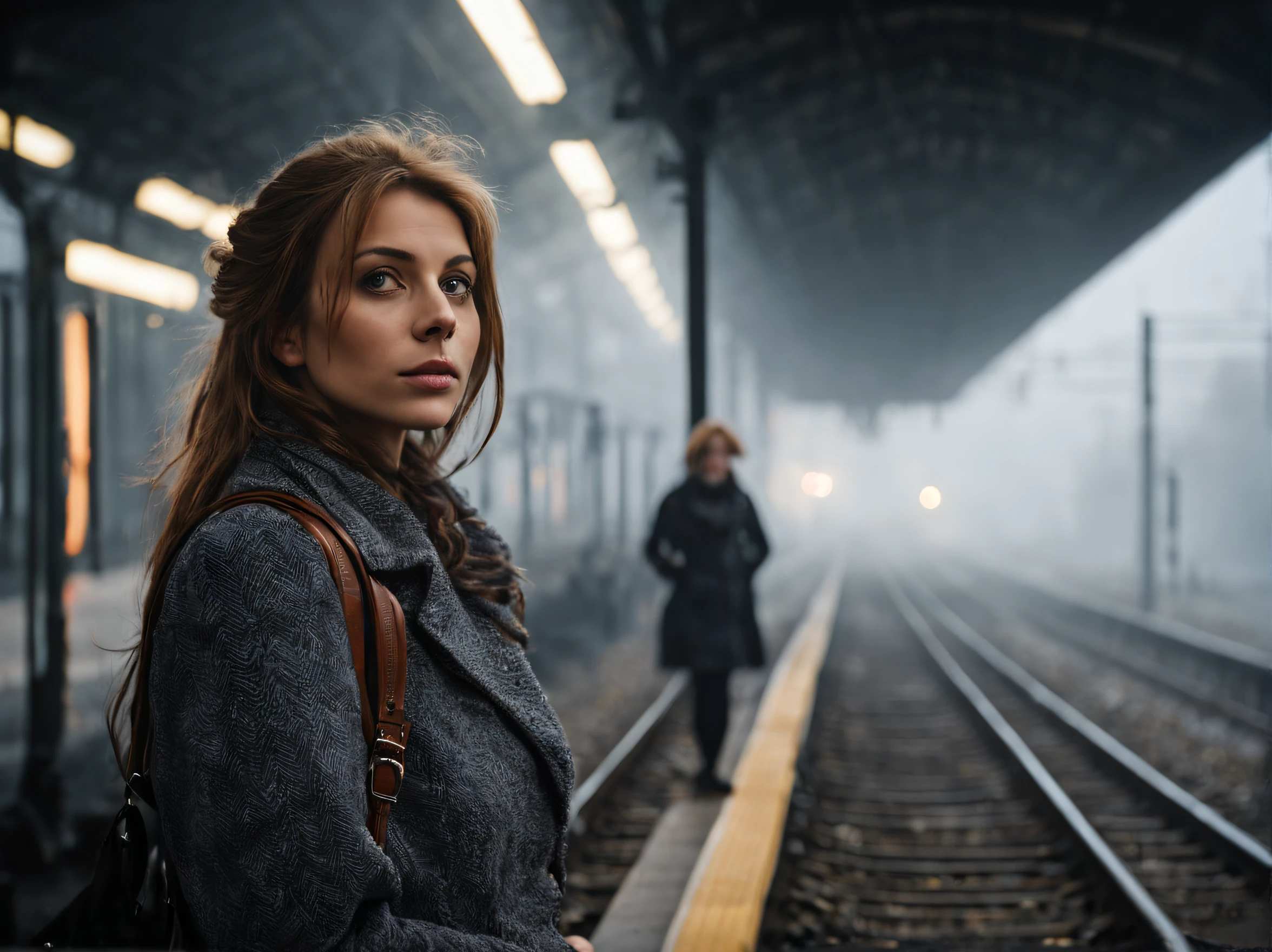 woman waiting for train, early morning, fog, in europe, candid photo, (snap shot), (full body shot: 1.4), extremely detailed eyes and face, longeyelashes, (best quality,4k, highres, masterpiece), sharp focus, physically-based rendering, (canon 24mm f2.8 lens: 1.3)