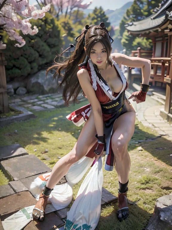 mai shiranui, (Full body portrait:1.4), Full body, (tabi:2.0), (Realism), (masutepiece:1.2), (Best Quality), (ultra-detailliert), (8K, 4K, Convoluted), (skinny), Prestige, Brown eyes, Long hair, Brown hair, White ribbon, Sleeveless, poneyTail, sash, pelvis curtain, arm guards, mitts, fascinated expression, Sexy eyes, medium breasts, Smile, Cute, view the viewer, Long hair, Close to Japan temple, (breasts focus:1.2), (Realistic:1.2), (Full Shot: 1.2), (85 mm), light Particle, Lighting, (Highly detailed:1.2), (Detailed face:1.2), (gradients), SFV, Colorful, (Detailed eyes:1.2), (Detailed temples of Japan: 1.2),(Detailed background), (Dynamic Angle:1.2), (Dynamic Pose:1.2), (Line of action:1.2), Wide Shot, Daylight, Solo.