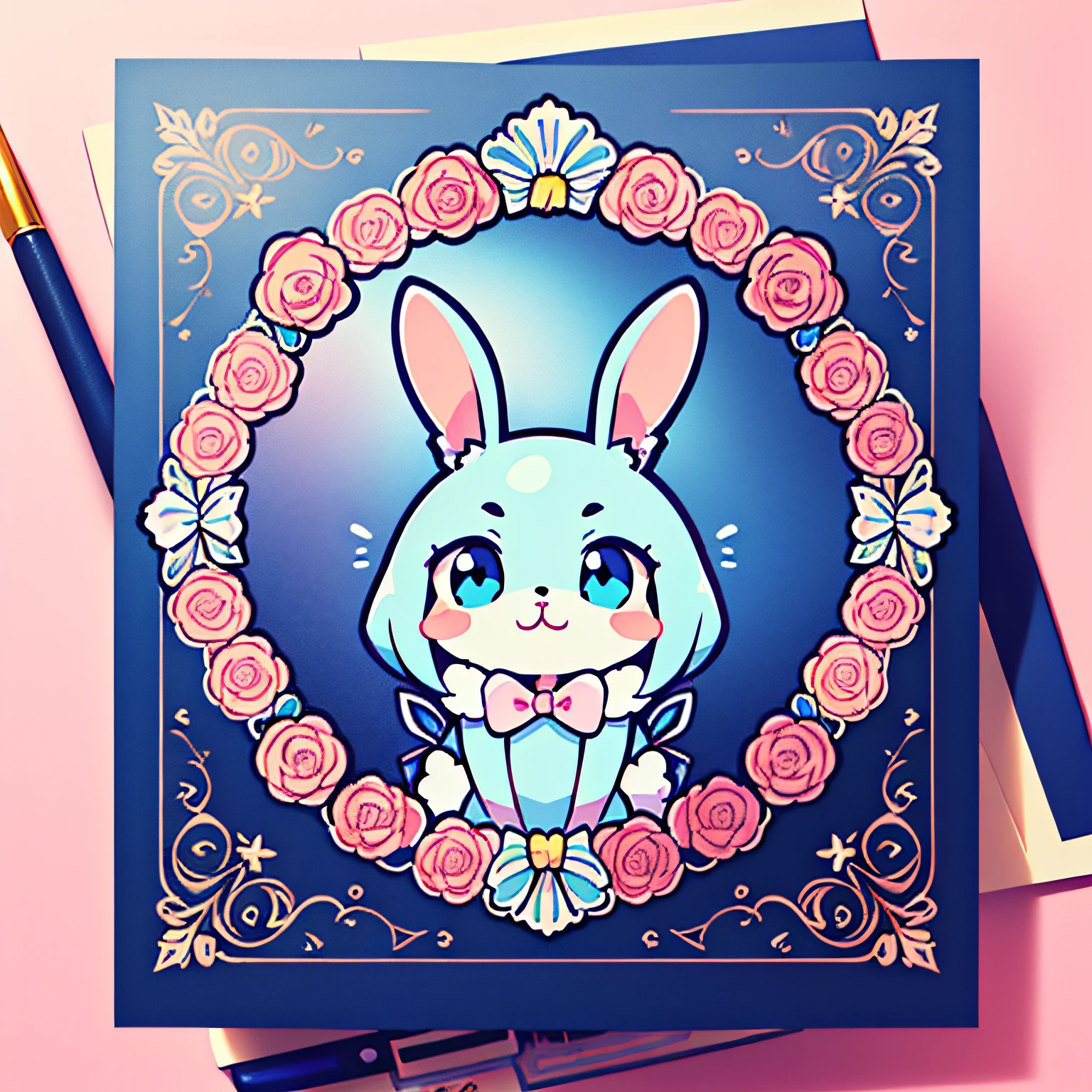 greeting card，(Clear itinerary)，Flat style,(Pink,Blue Themes:1.2),dialogue）airbubble,tip label , The frames,a sticker,the wallpaper,beatiful background,adorable rabbit,adorable rabbit,Bow knot