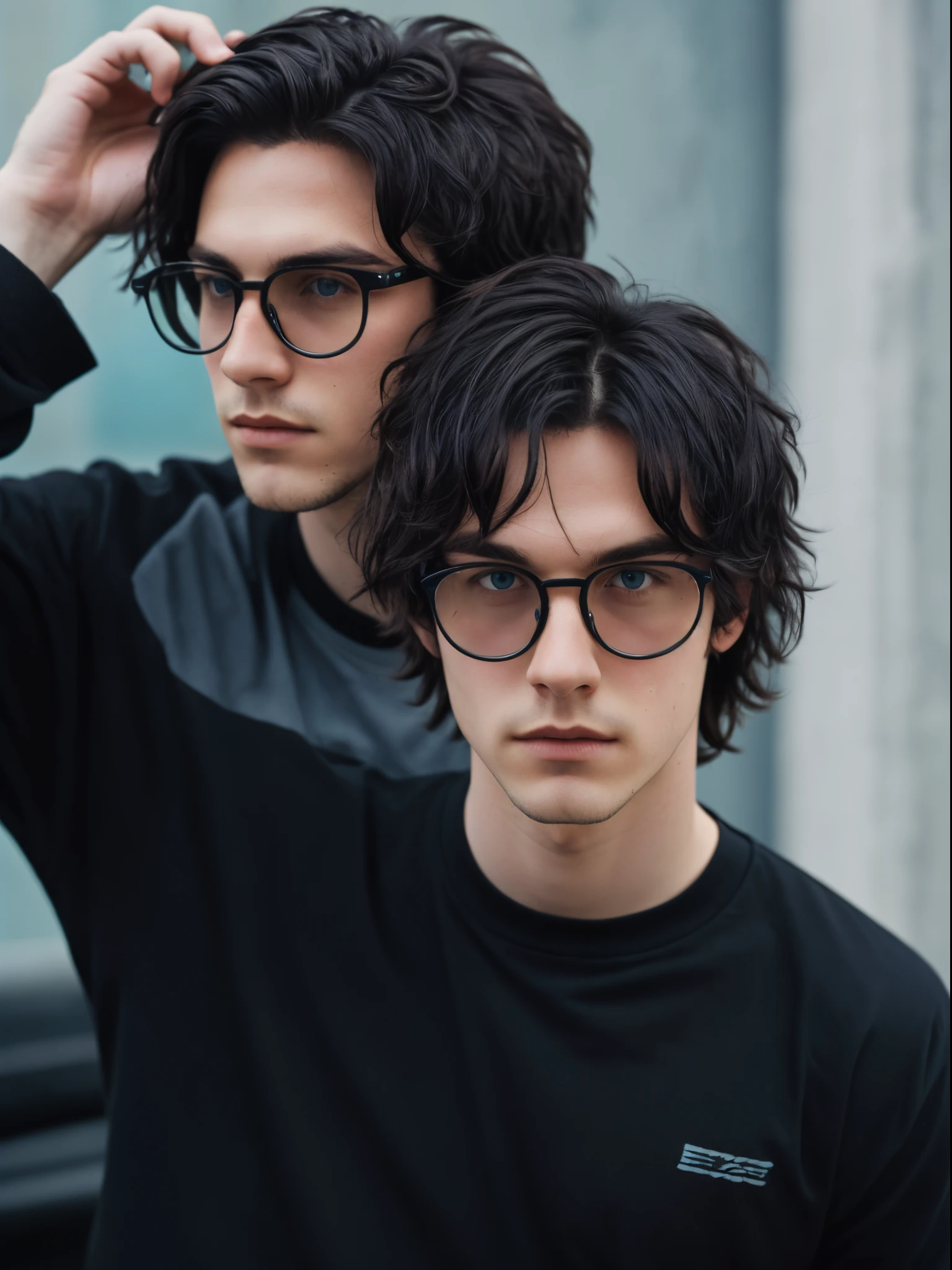 Elliot Trenton is a 6'1 male, who has dark toned skin and icy blue eyes, he wears black rectangular glasses and comfortable clothing, his hair is dark purple and short