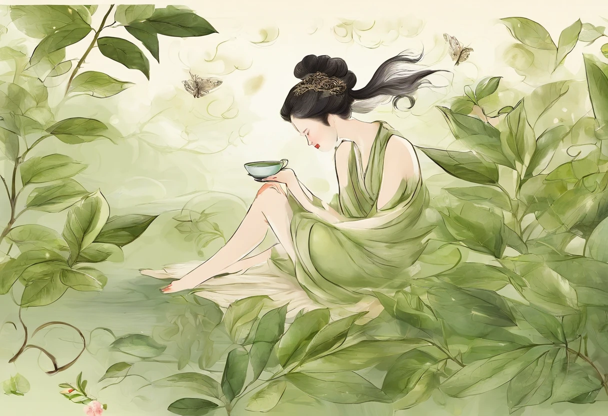 Background with: The background of this picture is light yellow,Has a texture similar to old paper or parchment,Gives a retro feel。There are blurry white ripples at the bottom of the picture,Possibly intended to imitate the fluctuations of tea water。
The protagonist: The subject of the picture is a green tea leaf,Leaf veins clearly visible,The color gradually changes from dark green at the tip of the leaf to light green at the base of the leaf.,Looks fresh and full of life。
Face: This image shows no people,Therefore there are no facial features to describe。
Hairstyles: ditto,There are no characters,Therefore, there is no hairstyle description。
garments: This picture does not involve any people,So no clothing description is included。
lewd poses: There are no people in the picture,Therefore there is no posture description。
styled: The image conveys a natural and tranquil style,The text on the tea leaves is combined with the retro style of the background,Create an atmosphere of tradition and culture。
charactor: There is a simplified Chinese text above the picture "Qinxiang Camellia TEA A piece of hot and undisciplined 6x50g",and the word "Qinxiang" on the tea leaves。There is also a smaller Chinese text below the picture,The content is difficult to distinguish completely,But mentioned the quality、Taste and experience。Overall,These words seem to describe the brand and packaging specifications of the tea.,And the feeling when drinking it。
above the tea leaves,There is a wisp of light smoke curling up,It implies the fresh heat of tea leaves or the tangy aroma of tea.。
to sum it up,This image should be an advertisement or packaging design for a tea product,Designed to highlight the freshness and high quality of the tea。Every element in the image serves the theme,From natural tea leaves to warm tones,to words that mention quality and experience。