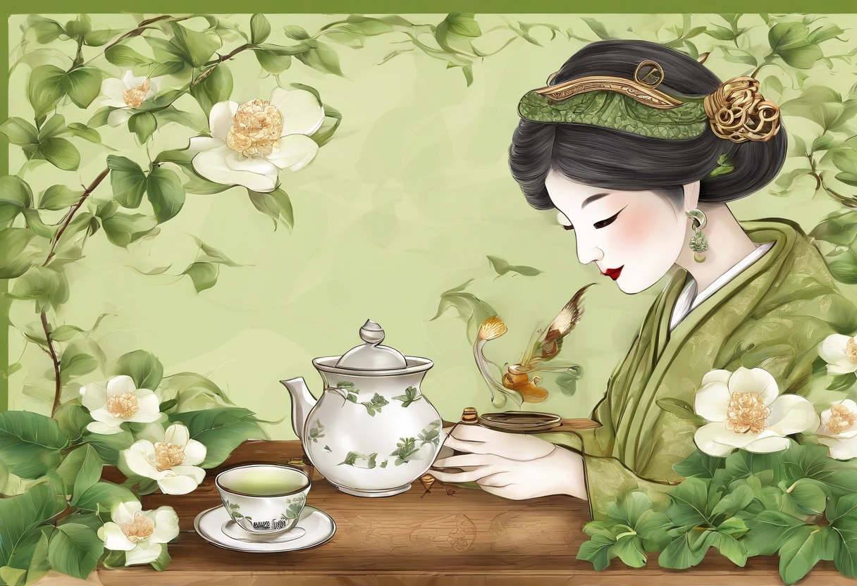Background with: The background of this picture is light yellow，Has a texture similar to old paper or parchment，Gives a retro feel。There are blurry white ripples at the bottom of the picture，Possibly intended to imitate the fluctuations of tea water。

The protagonist: The subject of the picture is a green tea leaf，Leaf veins clearly visible，The color gradually changes from dark green at the tip of the leaf to light green at the base of the leaf.，Looks fresh and full of life。

Face: This image shows no people，Therefore there are no facial features to describe。

Hairstyles: ditto，There are no characters，Therefore, there is no hairstyle description。

garments: This picture does not involve any people，So no clothing description is included。

lewd poses: There are no people in the picture，Therefore there is no posture description。

styled: The image conveys a natural and tranquil style，The text on the tea leaves is combined with the retro style of the background，Create an atmosphere of tradition and culture。

charactor: There is a simplified Chinese text above the picture &quot;Qinxiang Camellia TEA A piece of hot and undisciplined 6x50g&quot;，and the word &quot;Qinxiang&quot; on the tea leaves。There is also a smaller Chinese text below the picture，The content is difficult to distinguish completely，But mentioned the quality、Taste and experience。Overall，These words seem to describe the brand and packaging specifications of the tea.，And the feeling when drinking it。

above the tea leaves，There is a wisp of light smoke curling up，It implies the fresh heat of tea leaves or the tangy aroma of tea.。

to sum it up，This image should be an advertisement or packaging design for a tea product，Designed to highlight the freshness and high quality of the tea。Every element in the image serves the theme，From natural tea leaves to warm tones，to words that mention quality and experience。