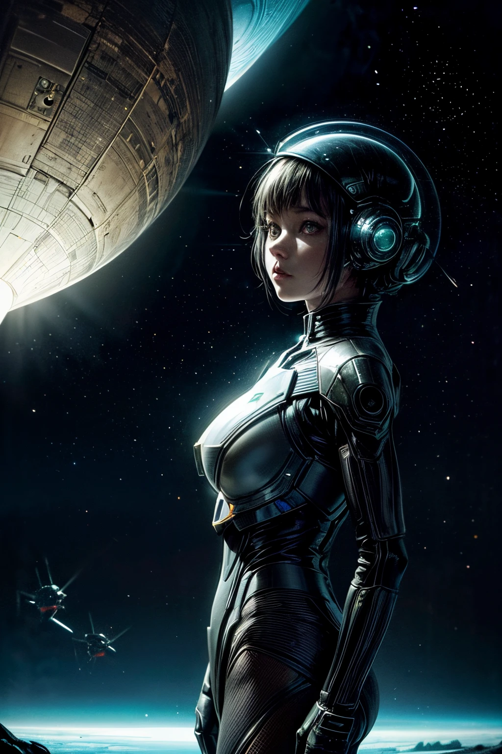 Intriguing encounter: ((Ant and Girl)) in science fiction tandem, under the otherworldly glow of a binary star system, ((futuristic space suits)), surreal surroundings, captivating atmosphere, detailed character expressions, ((alien landscape)).