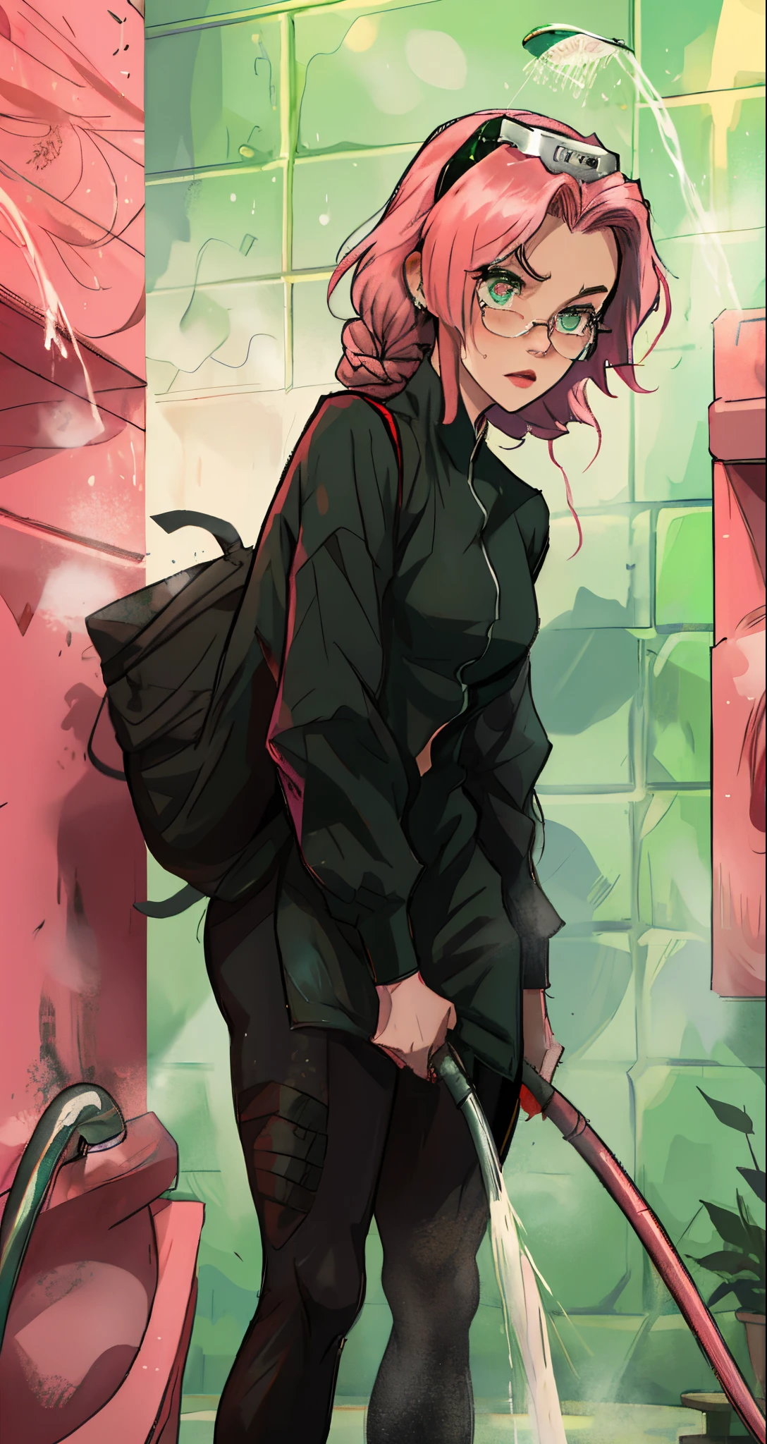 Oni, horns, red and green odd eyes, pink hair, glasses, braids, beautiful girl, short height, small breasts, taking a shower