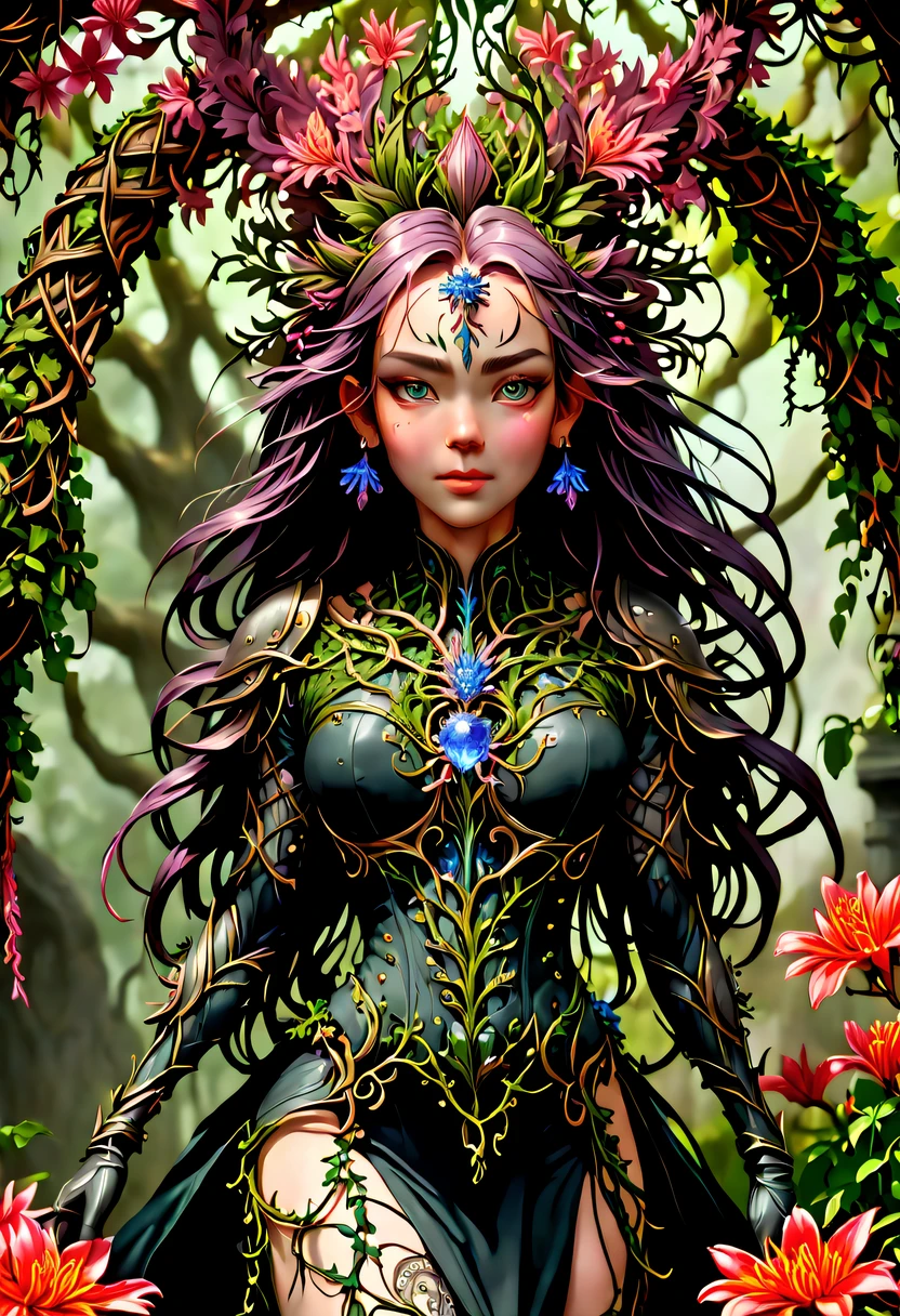 A magical girl whose body is made of vines, plant witch，Vine Queen，Witch of Thorns，Vines weave into a sculpture of a girl，vines woven into clothing，(Crazy vines intricate:1.3)，(Lycoris close-up:1.5)，Flower of the other shore is charming，Mysterious Manzhu Shahua，Bloody ghost flowers blooming at the gate of hell，Leading the soul to the afterlife，Evil charm，Flirtatious，Excellent，witch womloy iron flower，Alloy vines are woven into a magical girl,Magical girl has iron flowers on her head，heavy metal style，metal art，flower made of iron，iron leaf，Full metallic luster，Metal texture in the post-industrial era，Crafts made from twisted alloy wire，gold flowers，Iron flower，Silver flower，metal tree branch，a crystal pendant，Emerald inlay，Carefully crafted，Perfect craftsmanship，Magic lightning background，blue lightning，There are fairies，dark fantasy style art, dark flower shaman, dark fantasy concept art, bloodborne concept art, dark concept art, Bloody ghost flower, Diablo digital concept art, dark fantasy art style, Dark flowers, 🌺 Computer Graphics Association, bloodborne art, tmasterpiece，art  stations，ultra-realistic realism，plant witch，Vine Queen，Witch of Thorns，photorealistic dark concept art, Concept film, Reuven Tan，Painting of woman weaving vines standing in front of devil, goddess of death, author：heroes, beautiful death goddess, beautiful elegant demon queen, dark fantasy style art, portrait of death, onmyoji detailed art, Persephone as the goddess of death, beautiful necromancer, Ominous fantasy illustration